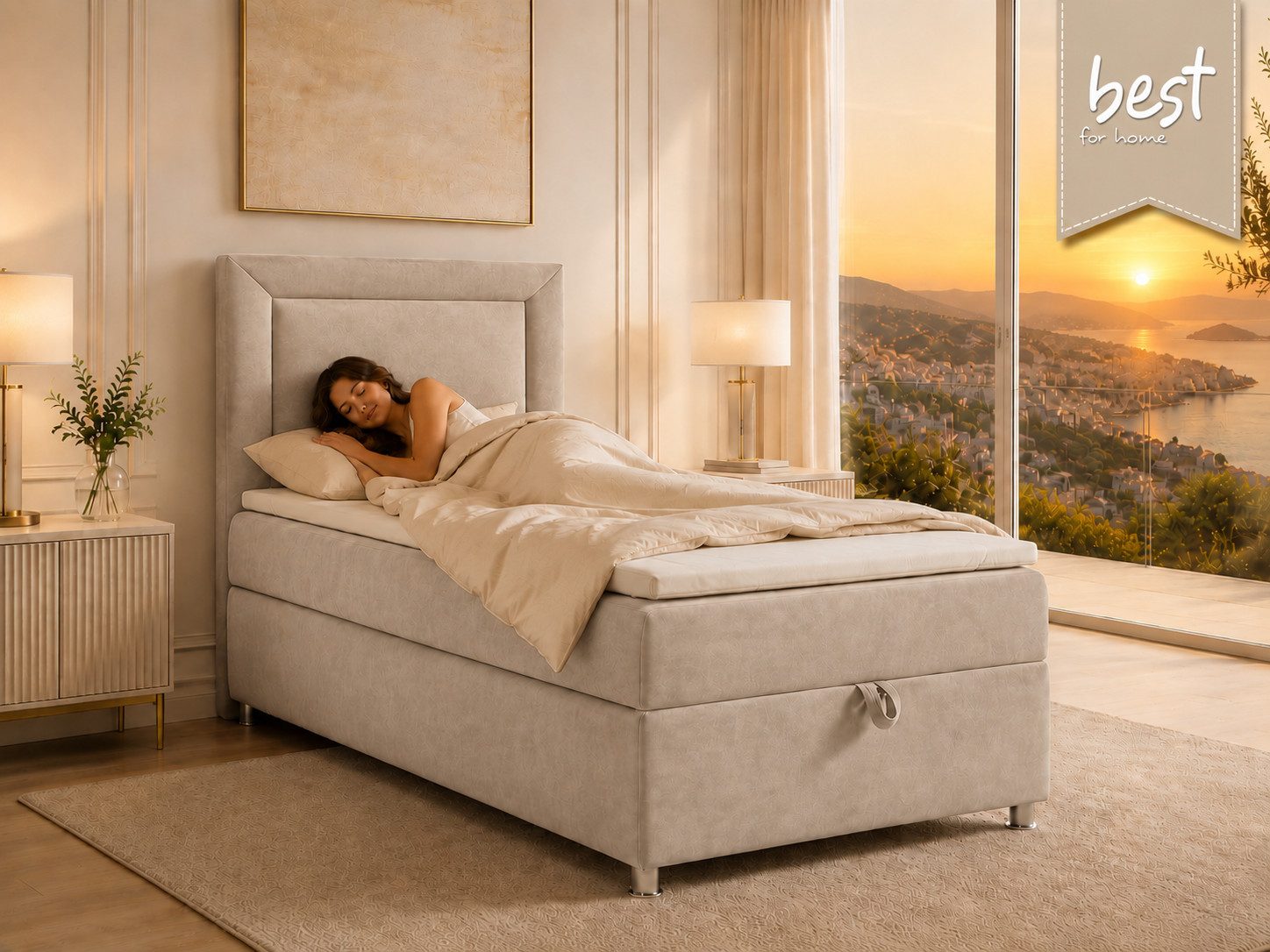 Best for Home Boxspringbett Trinity K-3 SINGLE mit Bettkasten & ca. 5 cm Topper (Einzelbett, Polsterbett mit gepolstertes Kopfteil, Jugendbett, Kinderbett versch. Größen, 3-St., 70x200 80x200 90x200 100x200 cm), Einzel-Boxspringbett mit integriertem Bettkasten