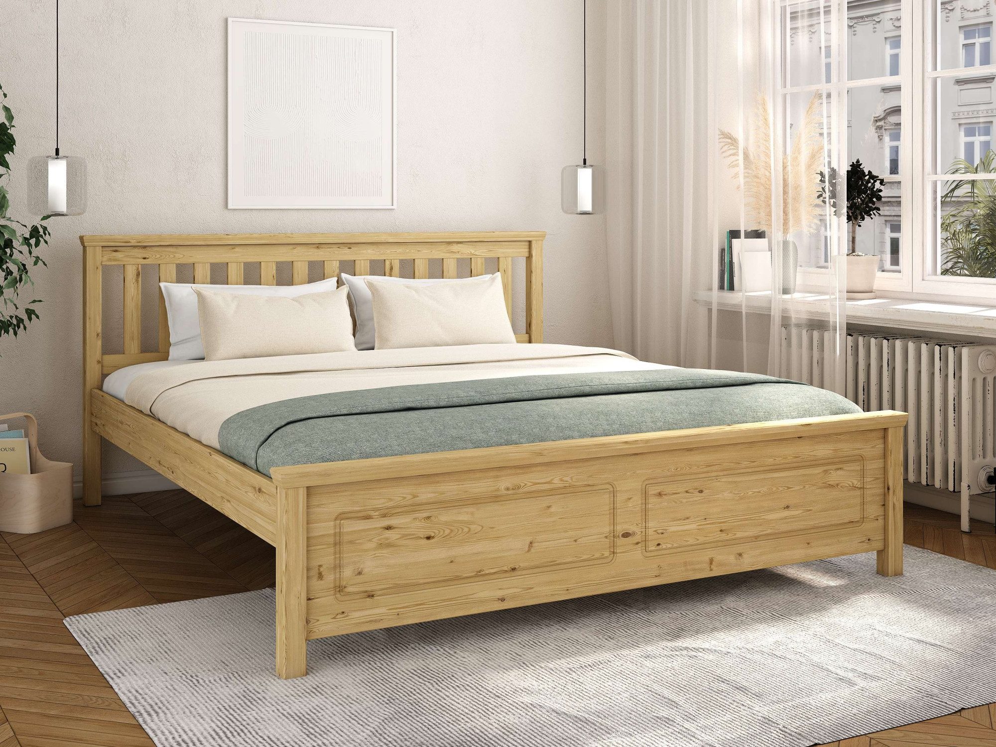 OTTO home Bett Fredegaard, skandinavischer Stil, vielseitig kombinierbar, 2 Breiten (180er oder 140er Breite), Sprossen am Kopfteil, mit Lattenrost, Kassettenoptik