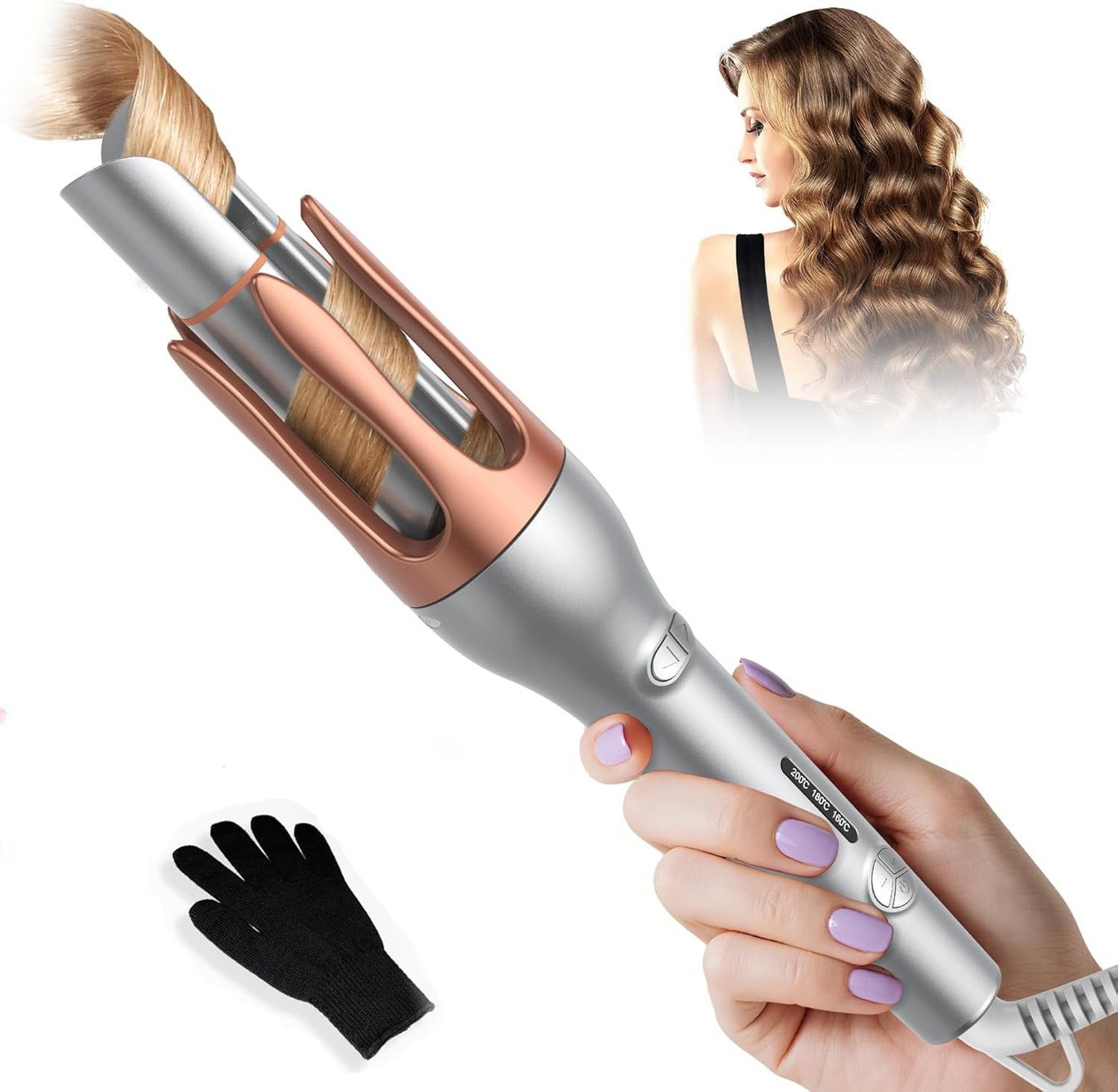 UKLISS Lockenstab Pro Automatischer Lockenstab 32 mm, Automatischer Haarwickler, mit 3 Temperaturstufen für langanhaltende Locken & Beach Waves
