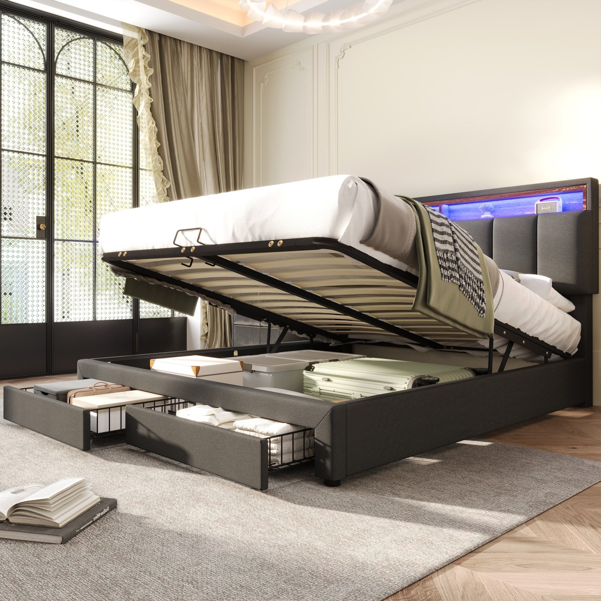 Flieks Polsterbett, LED Hydraulisches Doppelbett mit Schubladen 160x200cm L günstig online kaufen