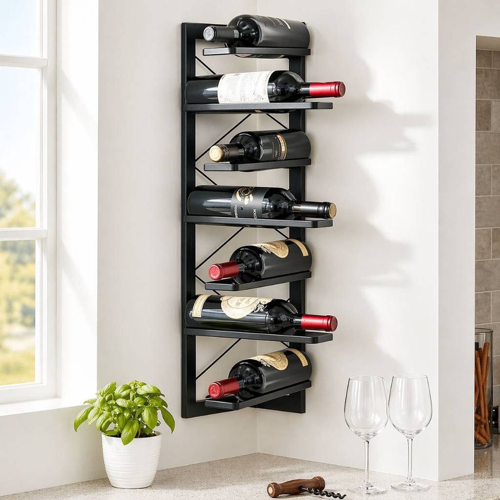 DanDiBo Weinregal Weinhalter Metall Schwarz Ecke Wand 70 cm Eckregal Flaschenregal 96292, Flaschenhalter Wandmontage Modern Wandhalter Wandregal für 7 Flaschen