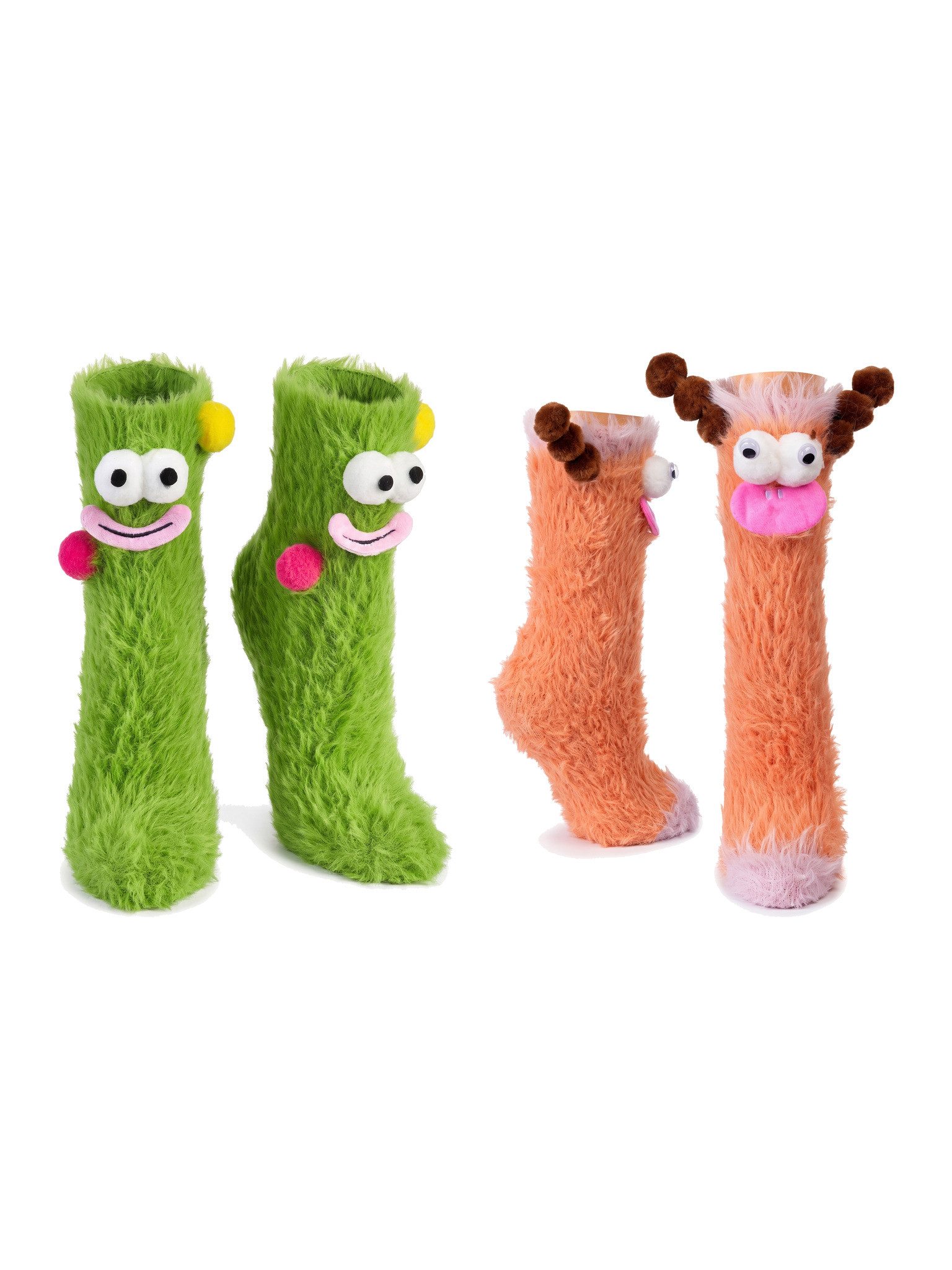 Black Snake Kuschelsocken lustige Monstersocken mit Augen für Kinder, flauschig und ohne Ferse (Packung, 2-Paar, Motive zufällig) Wuscheliger Plüsch mit 3D-Gesicht, Einheitsgröße 27-42, Geschenkidee