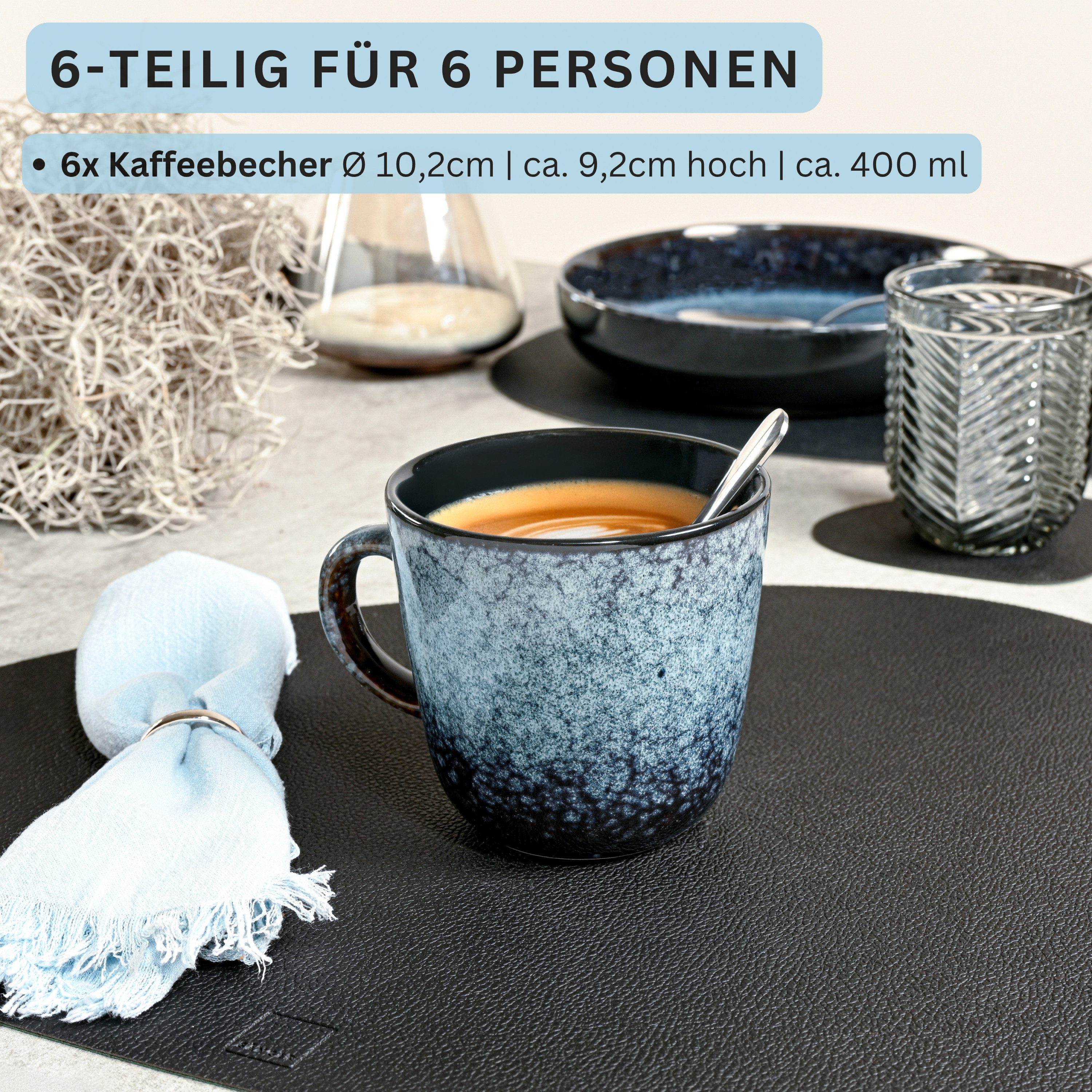 SÄNGER Becher Osaka Blau mit schwarzem Rand, Steingut, 6-tlg. Kaffeebecher Set, Erweiterbar, (400 ml), VALUE COLLECTION