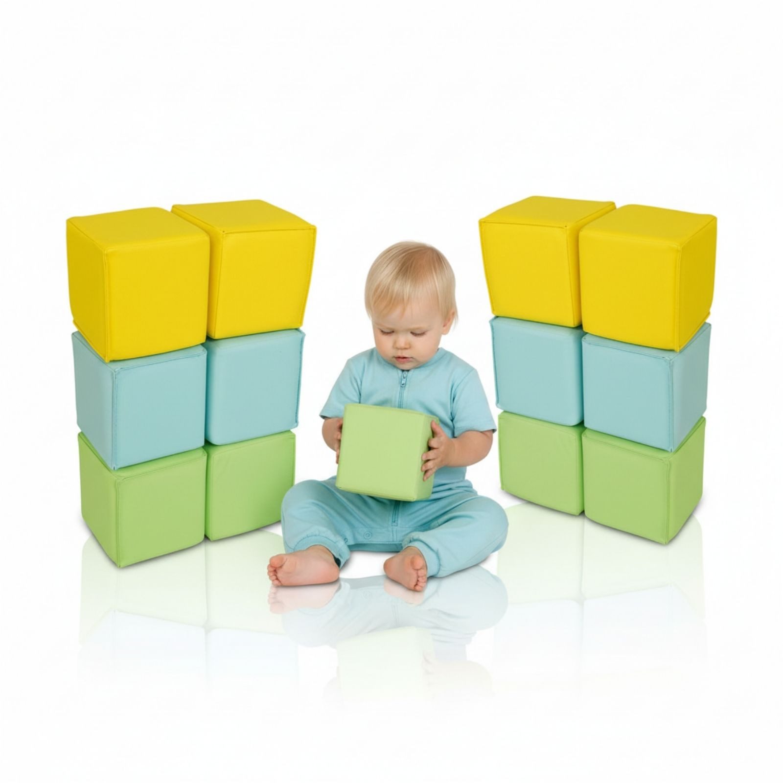 alldoro 12 weiche Softbausteine aus Schaumstoff, 14x14 cm, Türkis, Gelb & Grün Spielbausteine, Schaumstoff-Bausteine für Kinder & Babys ab 0, Kunstleder abwaschbar