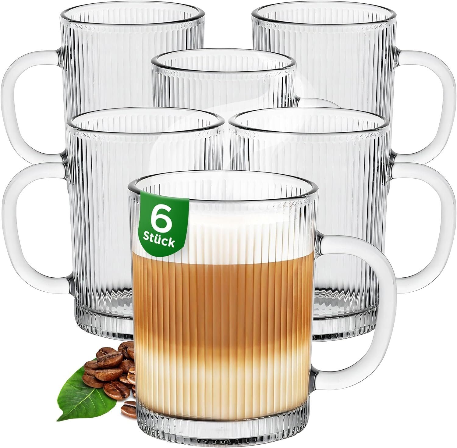 KONZEPT Latte-Macchiato-Glas mit Henkel, 6er Set, Große Gerippte  Tringkläser, 350 ml, Ideal für Tee, Kaffee, Cappuccino, Cocktail