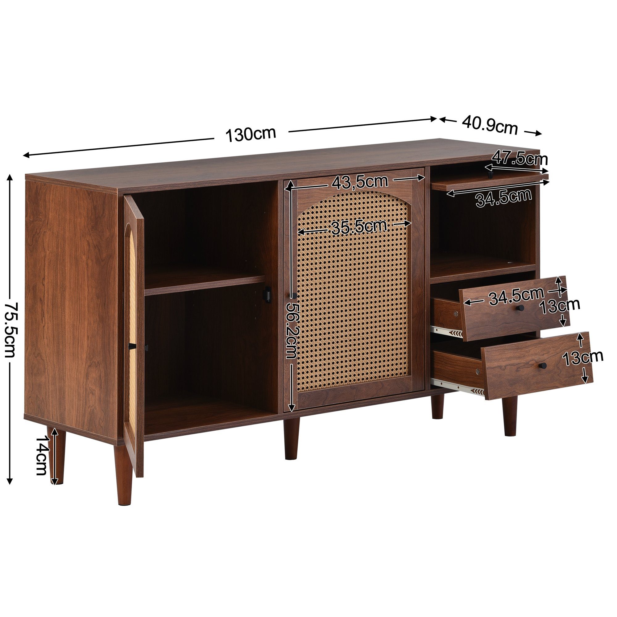 Sideboard (Kommode mit 2 Türen und 2 Schubkästen), Rattan Schubladenkommode Holz, beweglichem Laminat, Breite 130 cm