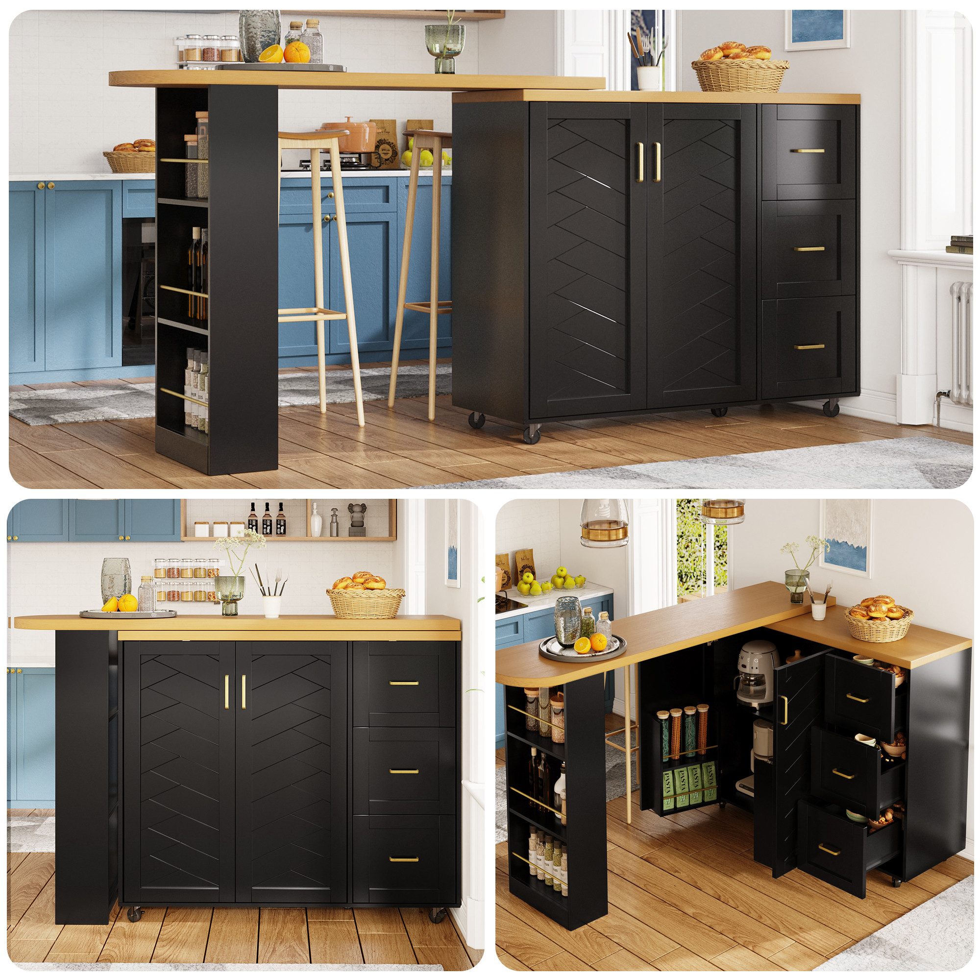 Flieks Bartisch 360° drehbar Esstisch & Mehrzweckschrank (Arbeitsplatte in Holzoptik, Set, 2-St., Stehtisch & Kommode mit Rollen, 3 Schubladen und Türablagen Schwarz)