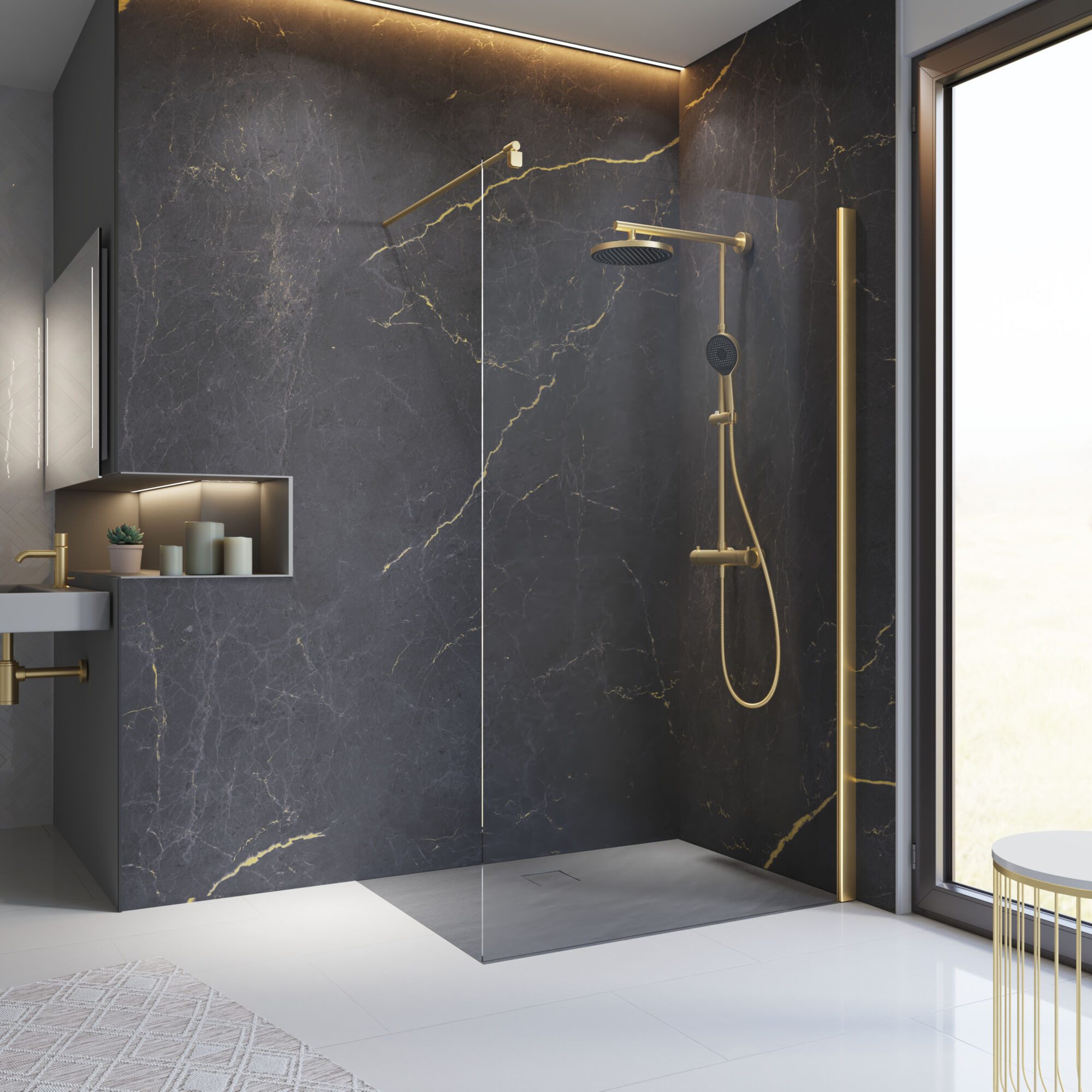 Schulte Walk-in-Dusche Alexa Style 2.0, Sicherheitsglas, (1 tlg., Walk-In Duschwand mit Stabilisationsbügel), 90 x 200 cm, offener Einstieg, Klar Hell, Profil Goldoptik