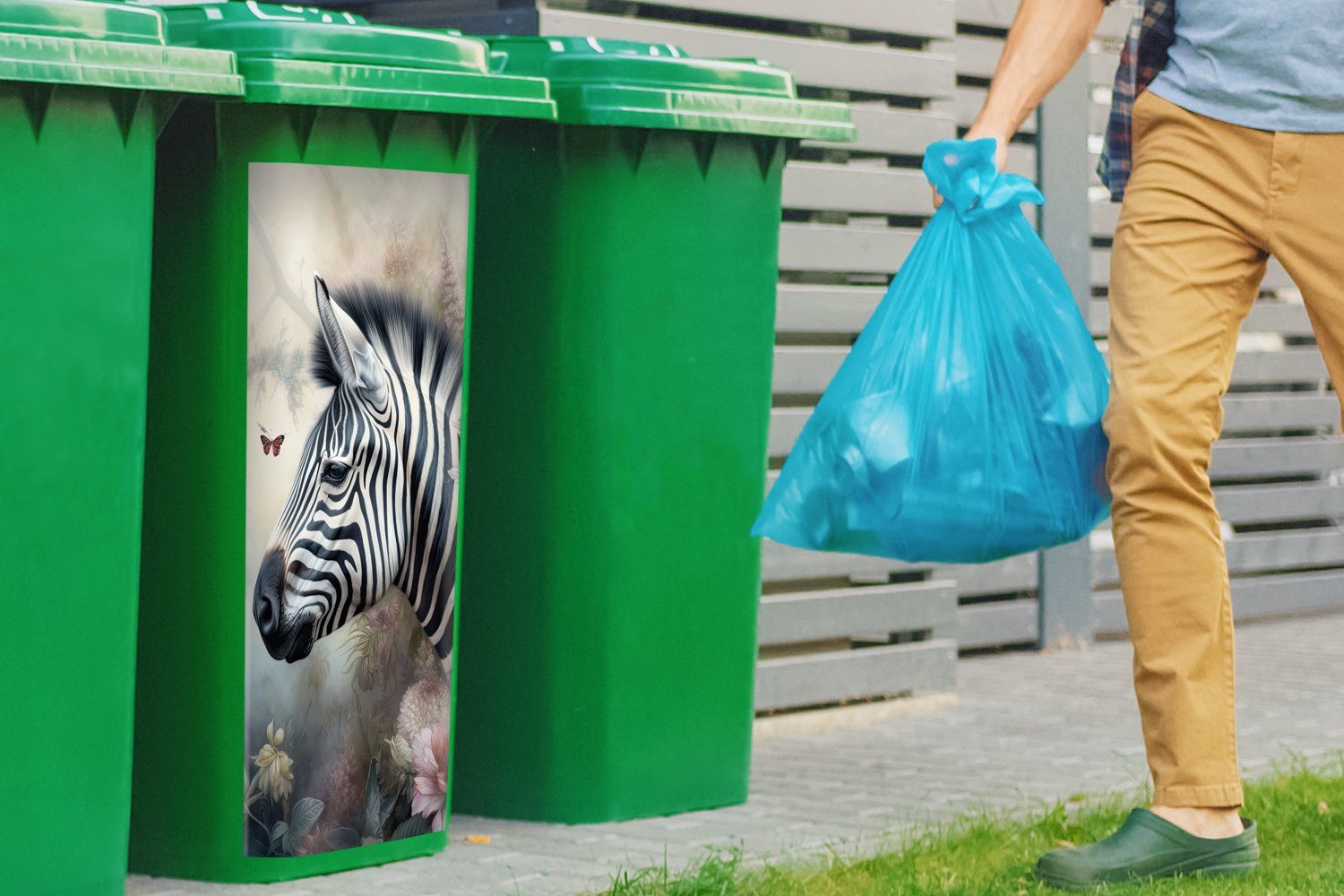 Mülleimer-aufkleber, Zebra MuchoWow Mülltonne, - Schmetterling Sticker, Wilde - St), Blumen Tiere Container, (1 Wandsticker - Abfalbehälter