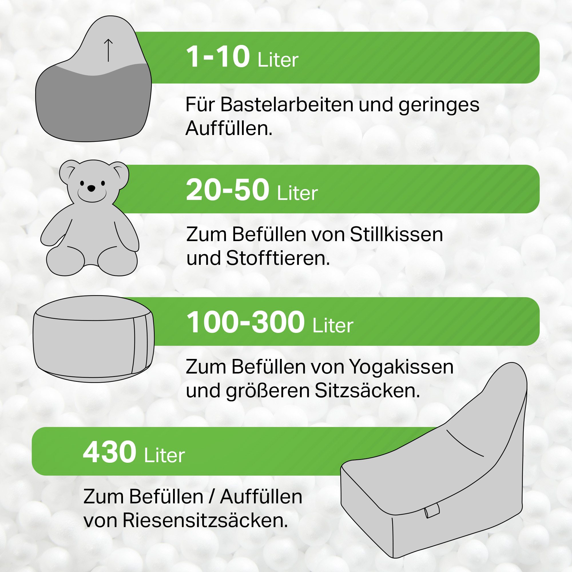 Green Bean Sitzsack Nachfüllpack EPS Perlen für Sitzsäcke - 100 L (1 Liter - 430 Liter, Made in Germany), Nachfüllpack für Sitzsack-Füllung, Stillkissen, Kopfki – Bild 5 von 5