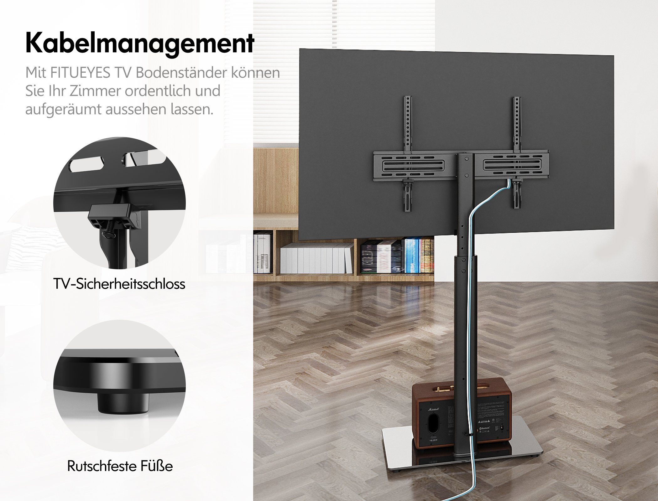FITUEYES TV-Ständer höhenverstellbar, ±35° schwenkbar, 32-60 Zoll, (bis 60,00 Zoll, 8 Höhenstufen von 103,5 bis 121,5 cm, rutschfeste Gummifüße) – Bild 4 von 5