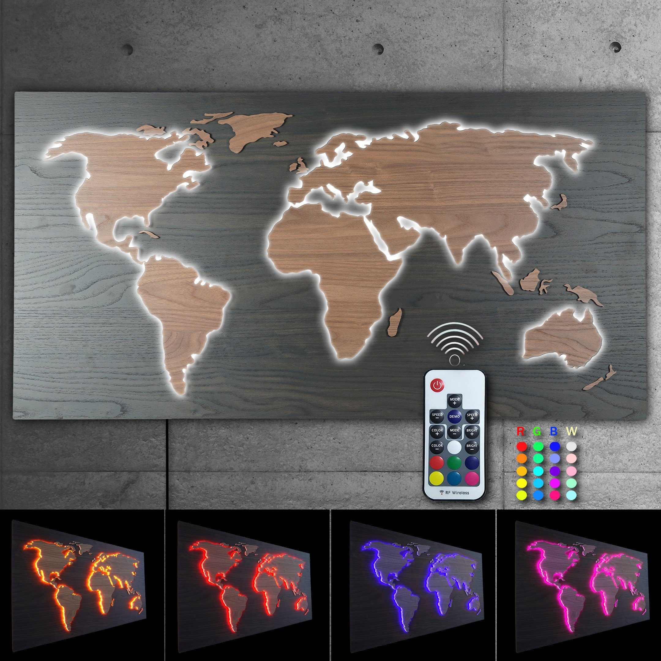 RGB Kontinente umleuchtet - Weltkarte LUX LEDs Fernbedienung 3D-Lichtbild, über Walnuss mit HOLZ-Optik Walnuss Schwarz, ZENLED Rückplatte Wanddekoobjekt MAPPA Rustikale Deko Braun bunt steuerbaren Länder 110x57cm