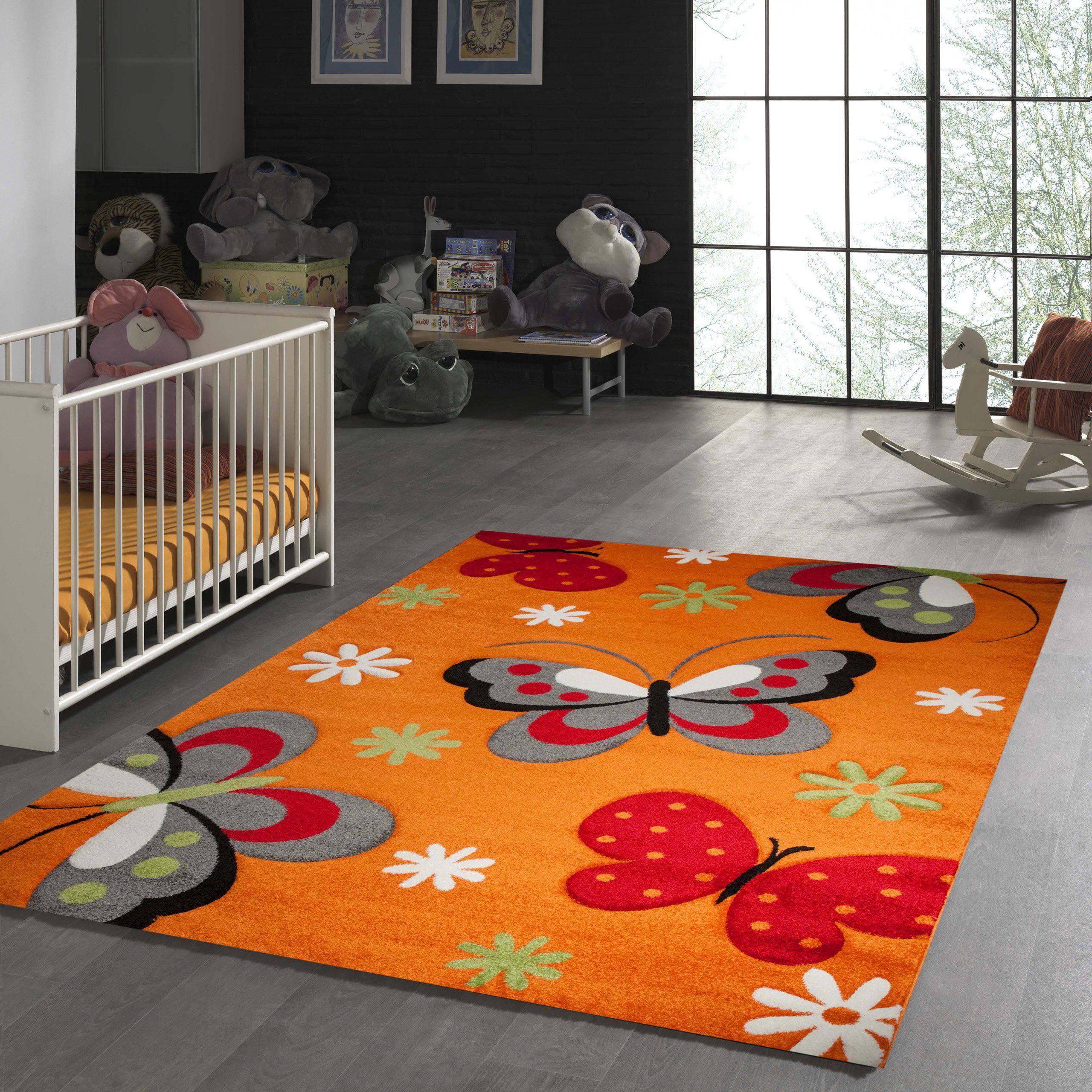 TeppichHome24 Kinderteppich Kinderteppich Schmetterling Design Orange Rot Grau Grün Weiss, rechteckig, Höhe: 13 mm