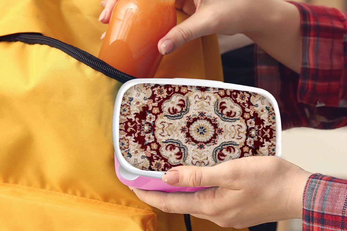 MuchoWow Lunchbox Muster Mädchen, Kinder, Brotbox - Brotdose Snackbox, Teppich Erwachsene, - Kunststoff, für (2-tlg), Braun, Rot - rosa Kunststoff