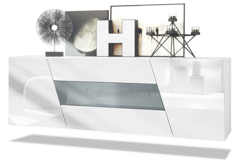 Vladon Sideboard Houston (hängende Kommode, mit 2 Türen und 3 Schubladen), Weiß matt/Weiß Hochglanz/Grau Hochglanz (178 x 57,5 x 38,5 cm)