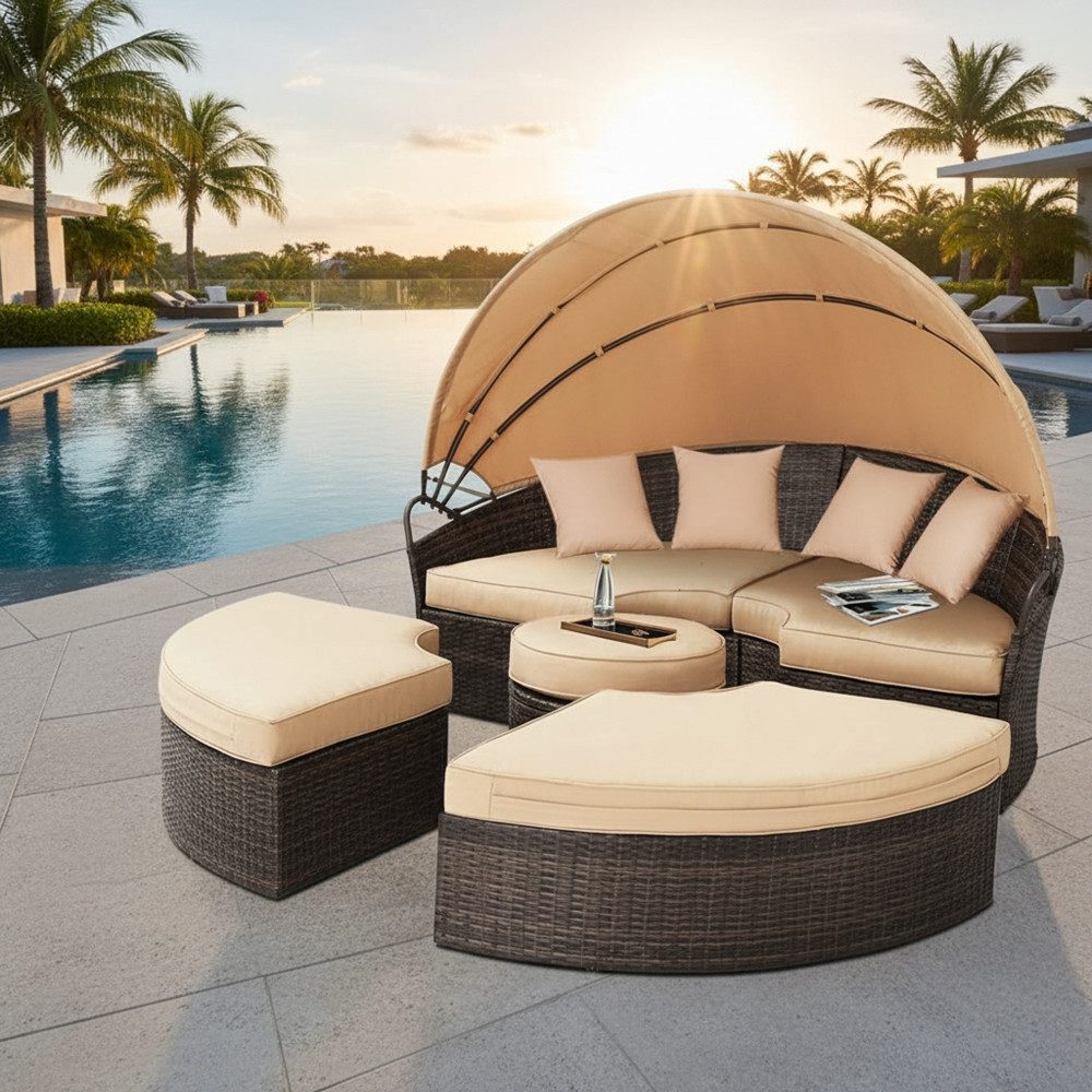 Melko Gartenlounge-Set Polyrattan Sonneninsel Tisch & Kissen 180CM Strandkorb Set, (Stück), Wasserabweisend