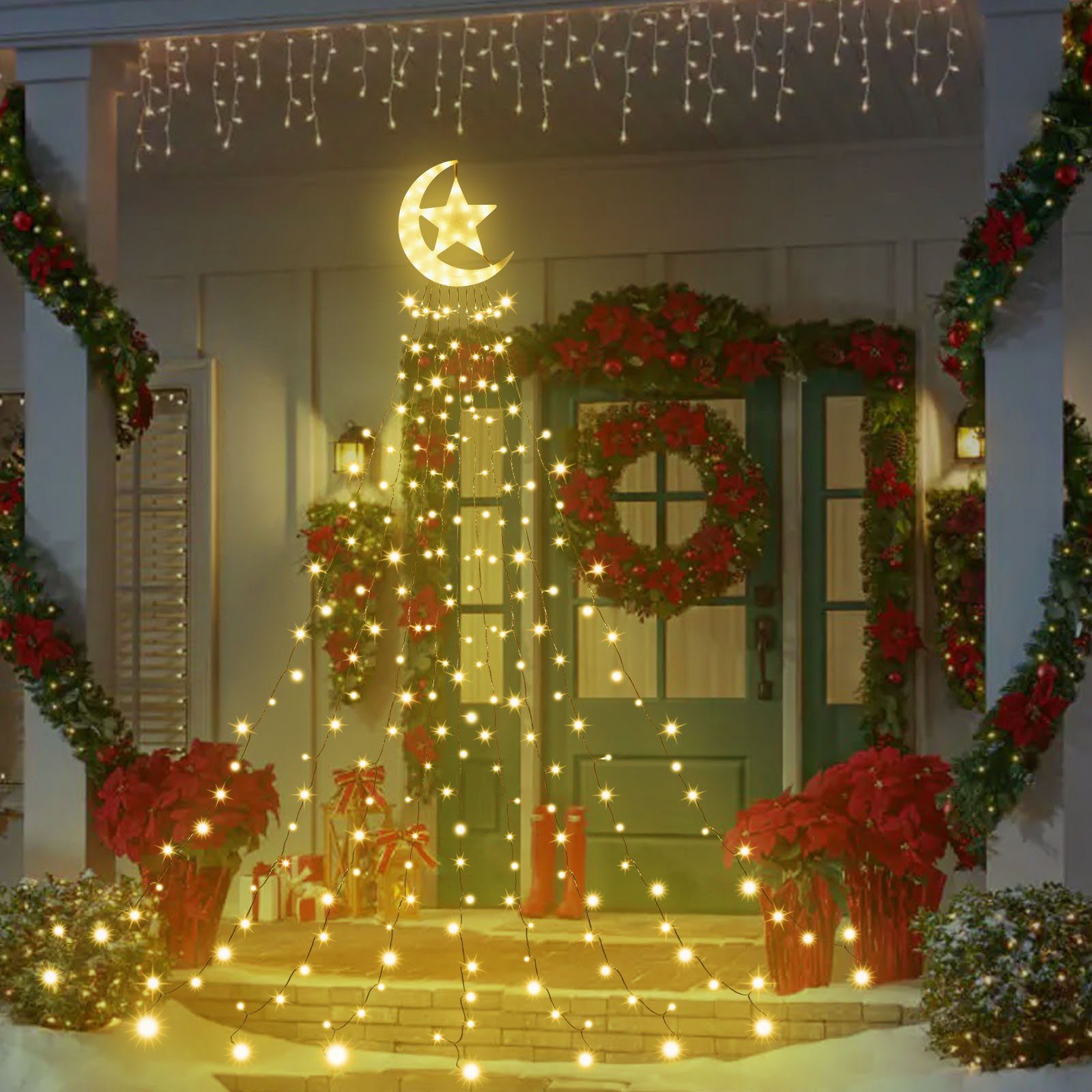 8 für Ramadan Topper Innenhof Dach Lichter; Mondstern,Speicherfunktion Weihnachtsdeko, Baum wasserdicht, mit Timer;Wasserfall Modi, LED-Lichtervorhang 350-flammig, Warmweiß Rosnek