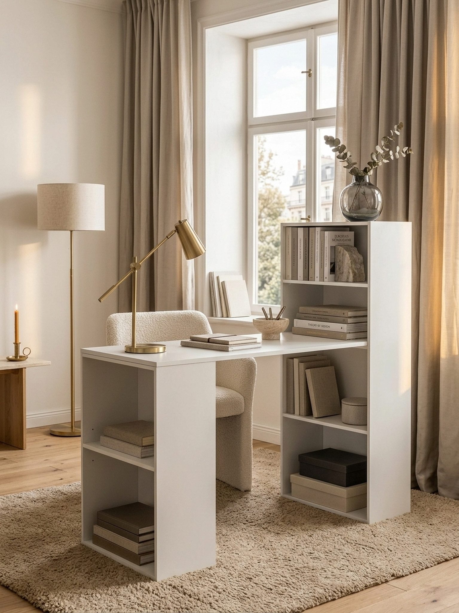KADIMA DESIGN Schreibtisch Schreibtisch WL5.692 mit Regal 120 x 120 x 53 cm Weiß Matt Holz (Ablage, Weißer Design Tisch Büro mit Aufbewahrung), Modern, Schreibtischregal Ablagefächer PC Tisch, Computertisch mit