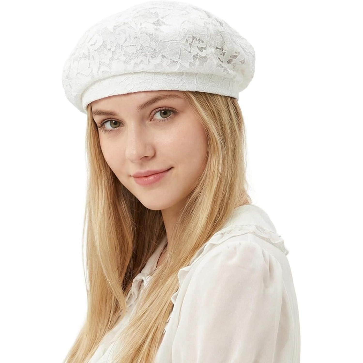 LuxusKollektion Baskenmütze Baskenmütze Damen Spitze atmungsaktiv Beret Einheitsgröße Weiß