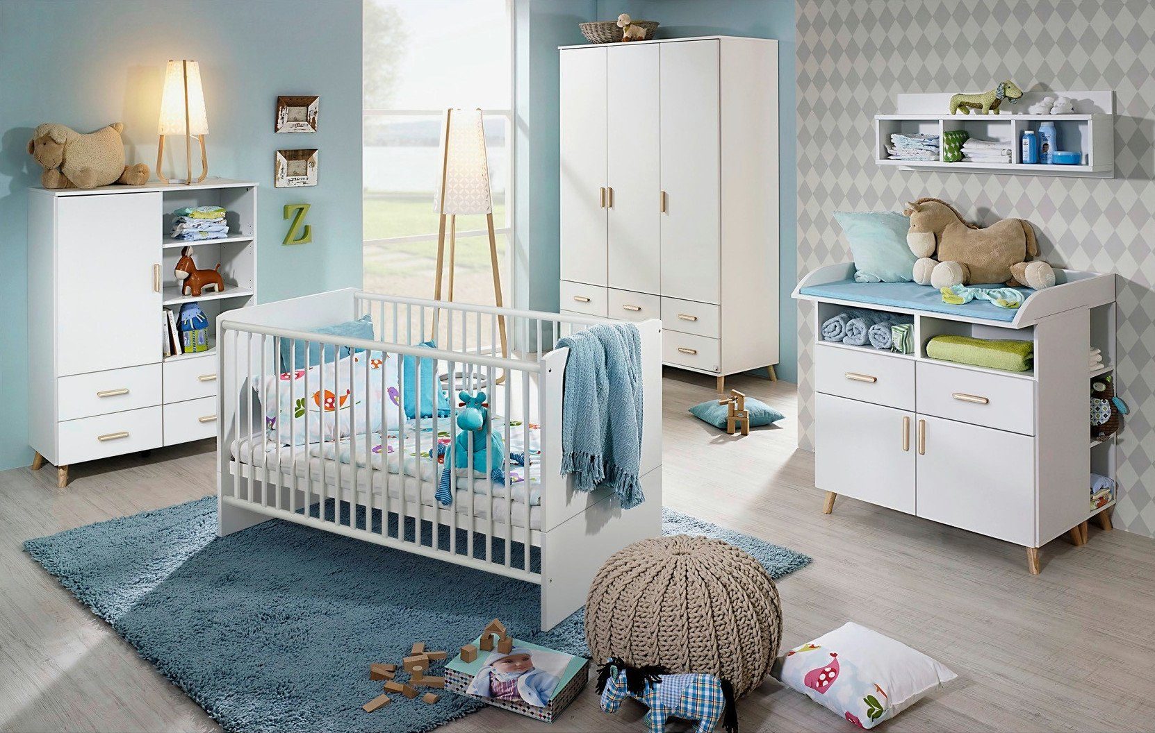 möbel-direkt.de Babyzimmer-Komplettset Mieke, (Komplett Set, 7-St.,  Kleiderschrank, Babybett, Umbauseiten, Wickelkommode), Made in Germany,  