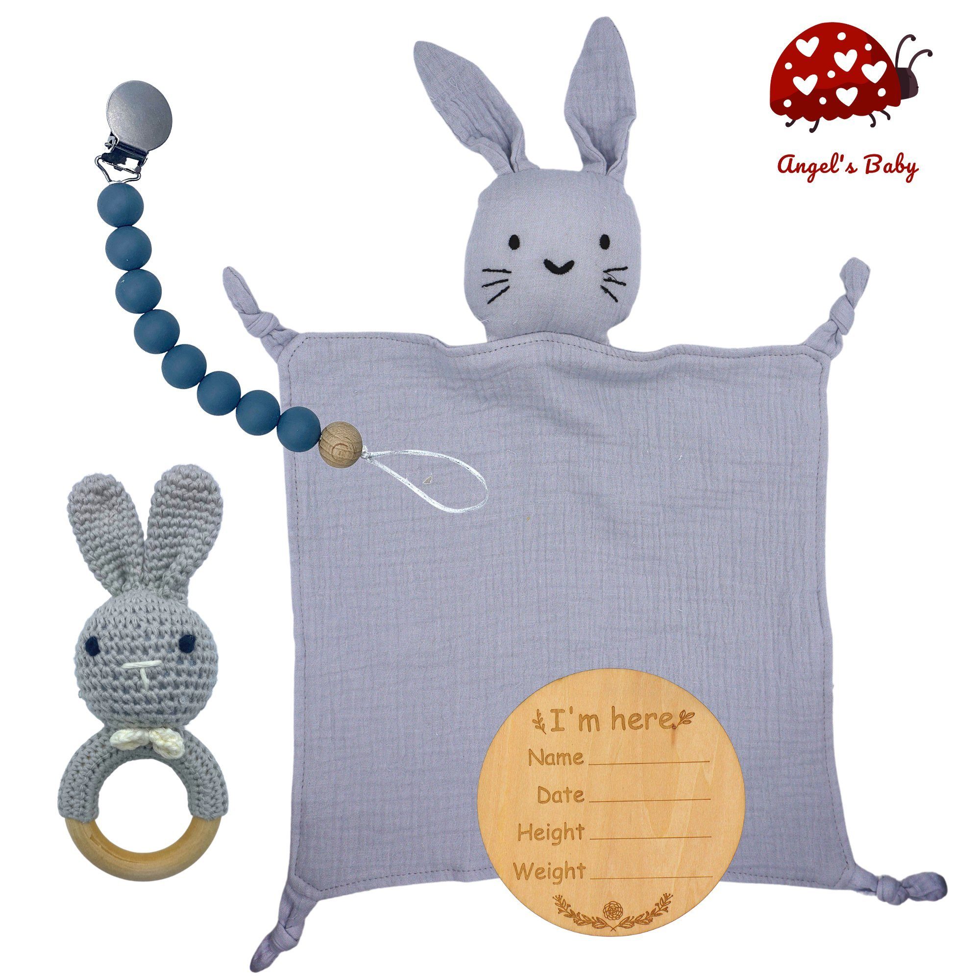 Angel's Baby Neugeborenen-Geschenkset Baby Geschenkset und niedlichem mit und (Set, 4 Grußkarte) Geschenkverpackung teilig Design Schnullerkette Blau in mit Schnuffeltuch