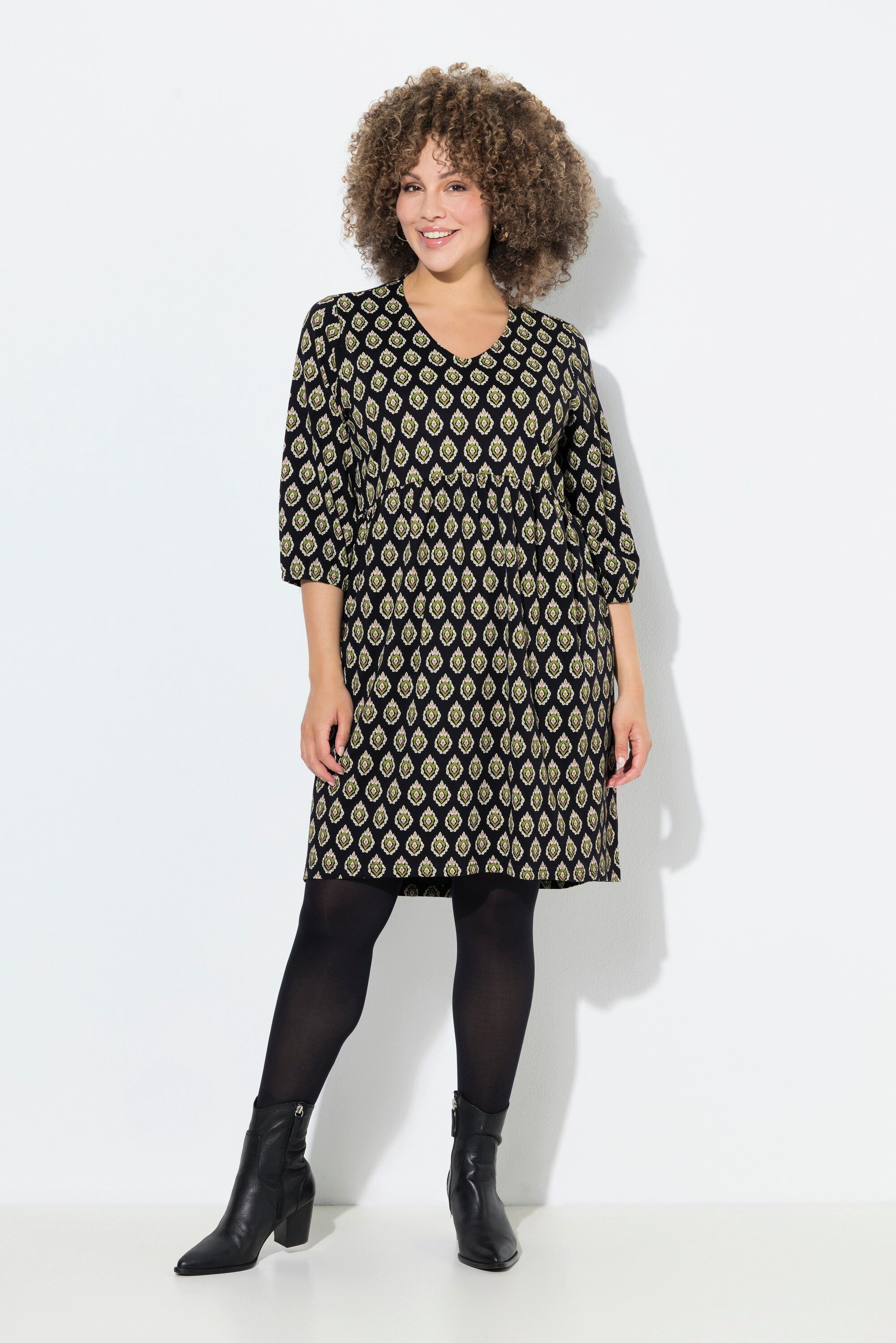 Ulla Popken Jerseykleid Jerseykleid A-Linie V-Ausschnitt 3/4-Arm günstig online kaufen