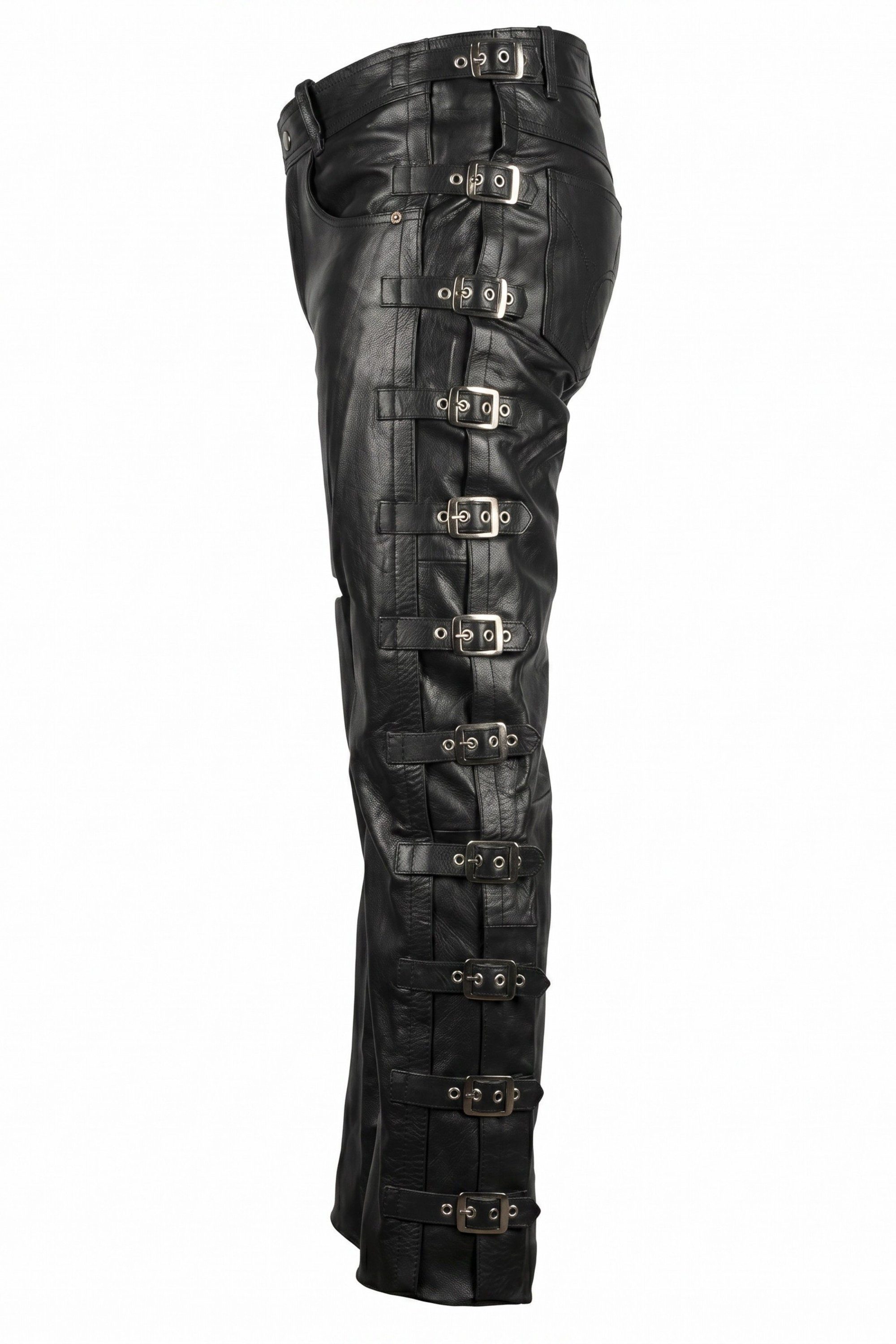 MDM Lederhose Herren Lederhose Bikerjeans mit Schnallen aus Rindsleder Schwarz Lang (1 Lederhose aus echtem Rindsleder im Bikerstil) Schnallen Biker Lederhose a – Bild 5 von 5