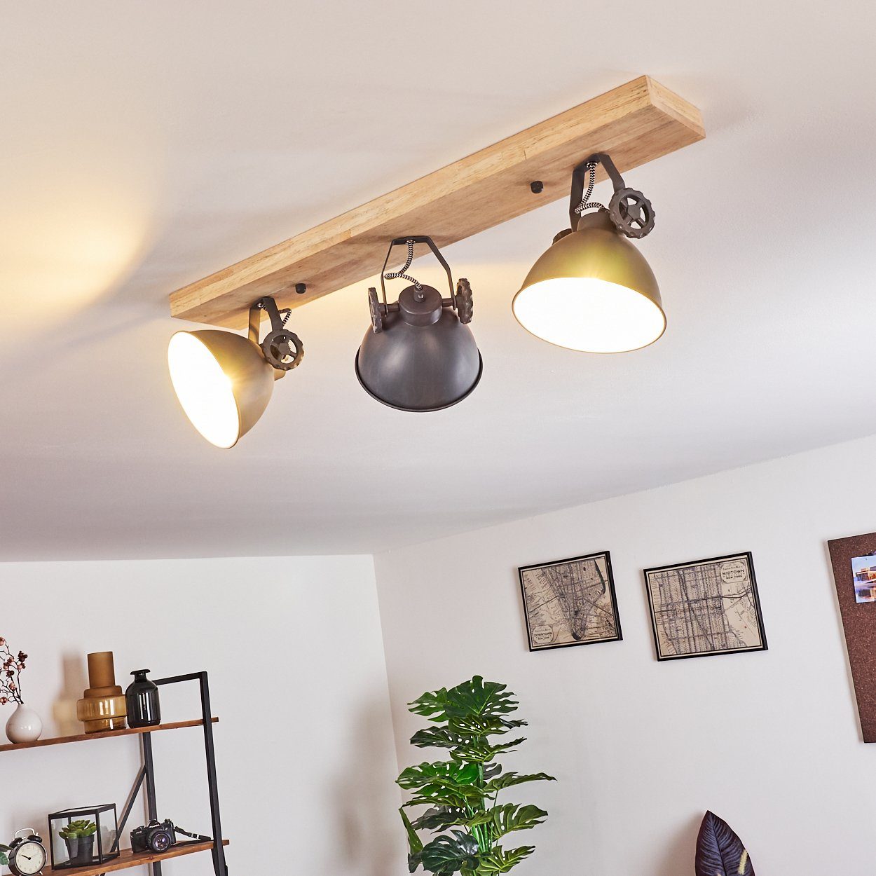 3xE14, mit ohne Retro/Vinatge Blau-Grau/Natur, Leuchtmittel, »Mot« in hofstein Deckenleuchte Metall/Holz Design verstellbaren aus Strahlern, Deckenlampe