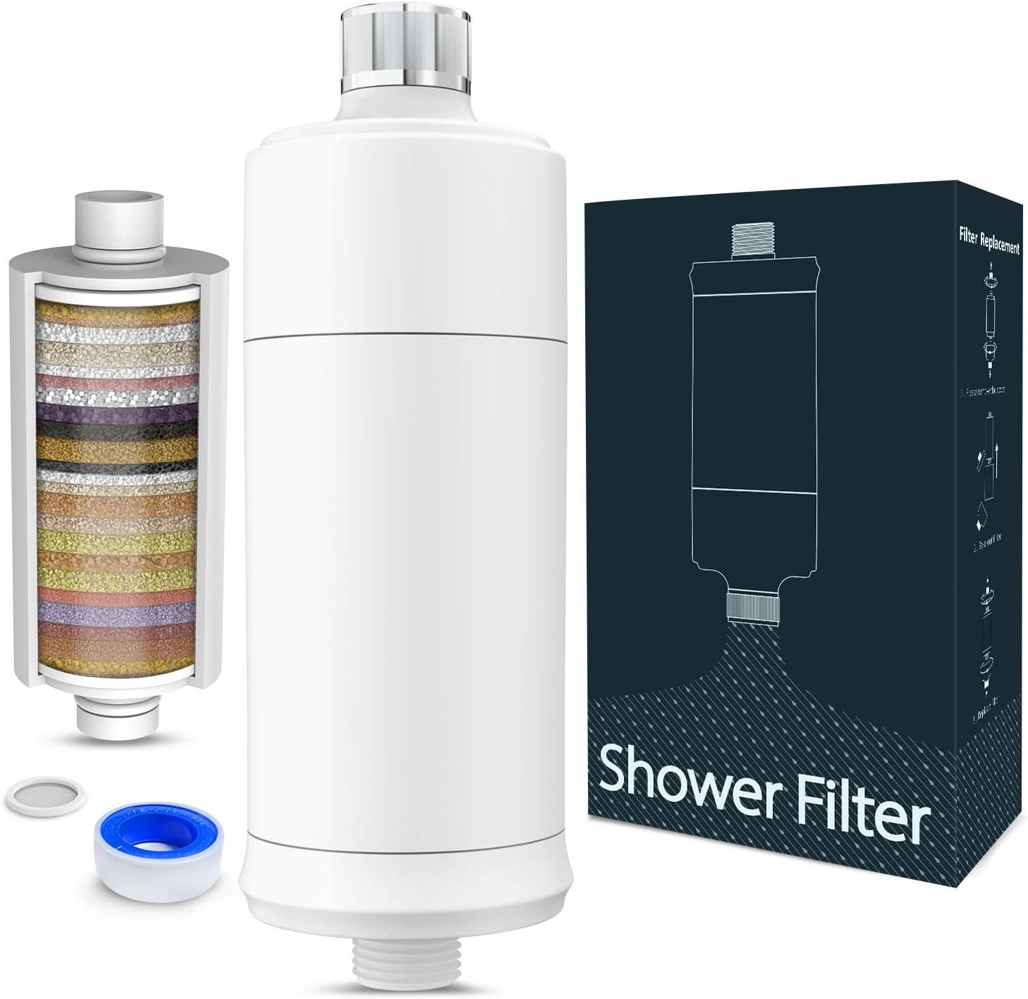 MEKO Kalk- und Wasserfilter 32-Stufen Duschfilter für hartes Wasser Reduziert Chlor Verunreinigung, Zubehör für Handbrausen, feste Duschköpfe, Wasserhähne, Verunreinigungen, Schwermetalle, Filterkapazität 20,000 L