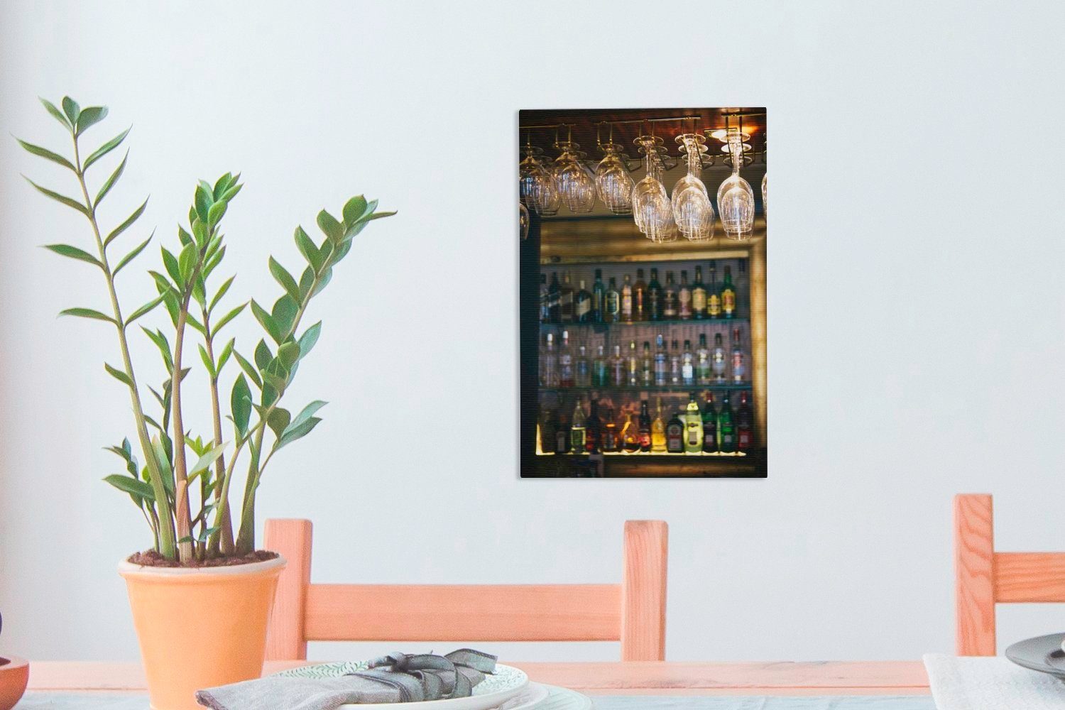 OneMillionCanvasses® Leinwandbild Hängende Gläser in Bar, inkl. (1 Leinwandbild Gemälde, fertig einer bespannt cm 20x30 St), Zackenaufhänger