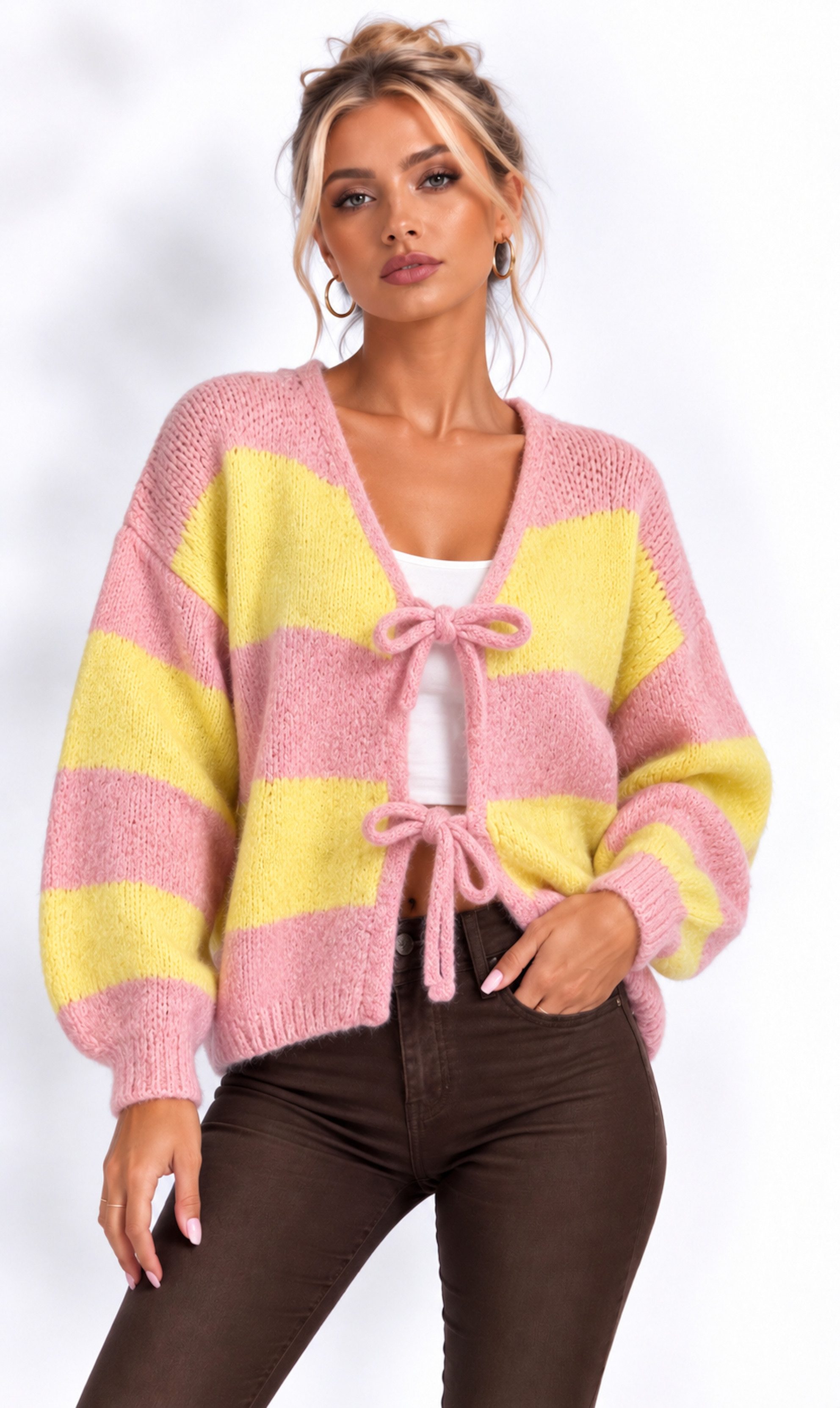Worldclassca Cardigan WORLDCLASSCA Damen Cardigan Oversize Strickjacke mit Schleife Streifen Neue Kollektion - Stilvolle und gemütliche …