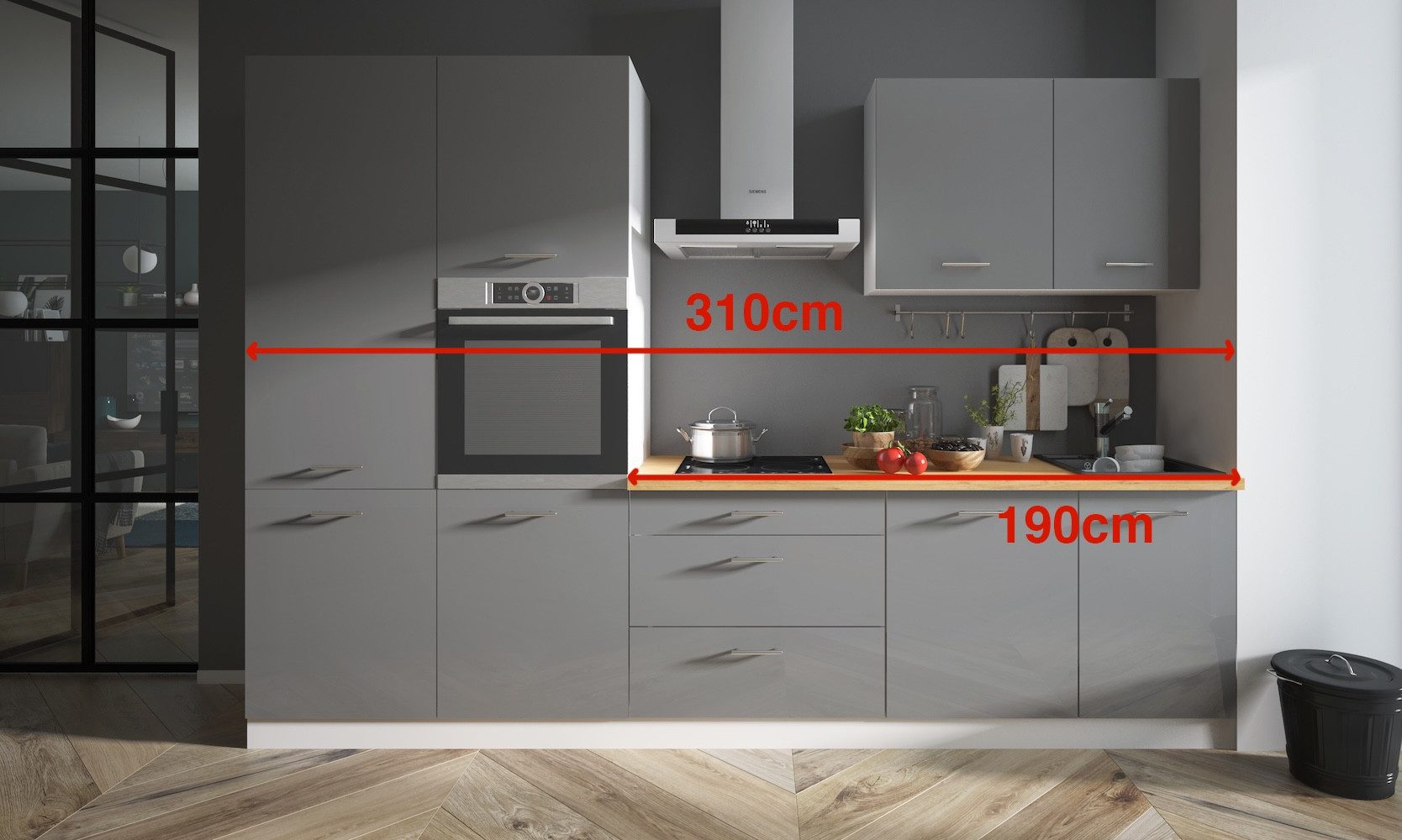Feldmann-Wohnen Küchenzeile Küchenzeile ESSEN TREND 310 weiß / graphit Hochglanz #dv16, (Schubladen mit Teilauszug und Soft-Close-Funktion), 310x60x207cm weiß / graphit hochglanz - eiche lancelot, 8-teilig