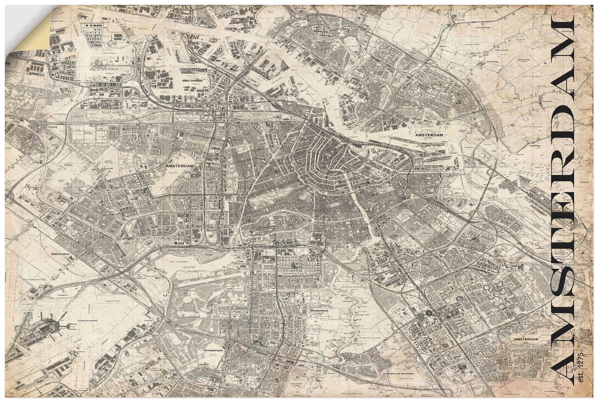 versch. (1 Amsterdam oder Größen Wandaufkleber Karte Leinwandbild, Artland St), Straßen Alubild, Wandbild Grunge, als Poster in Karte Niederlande