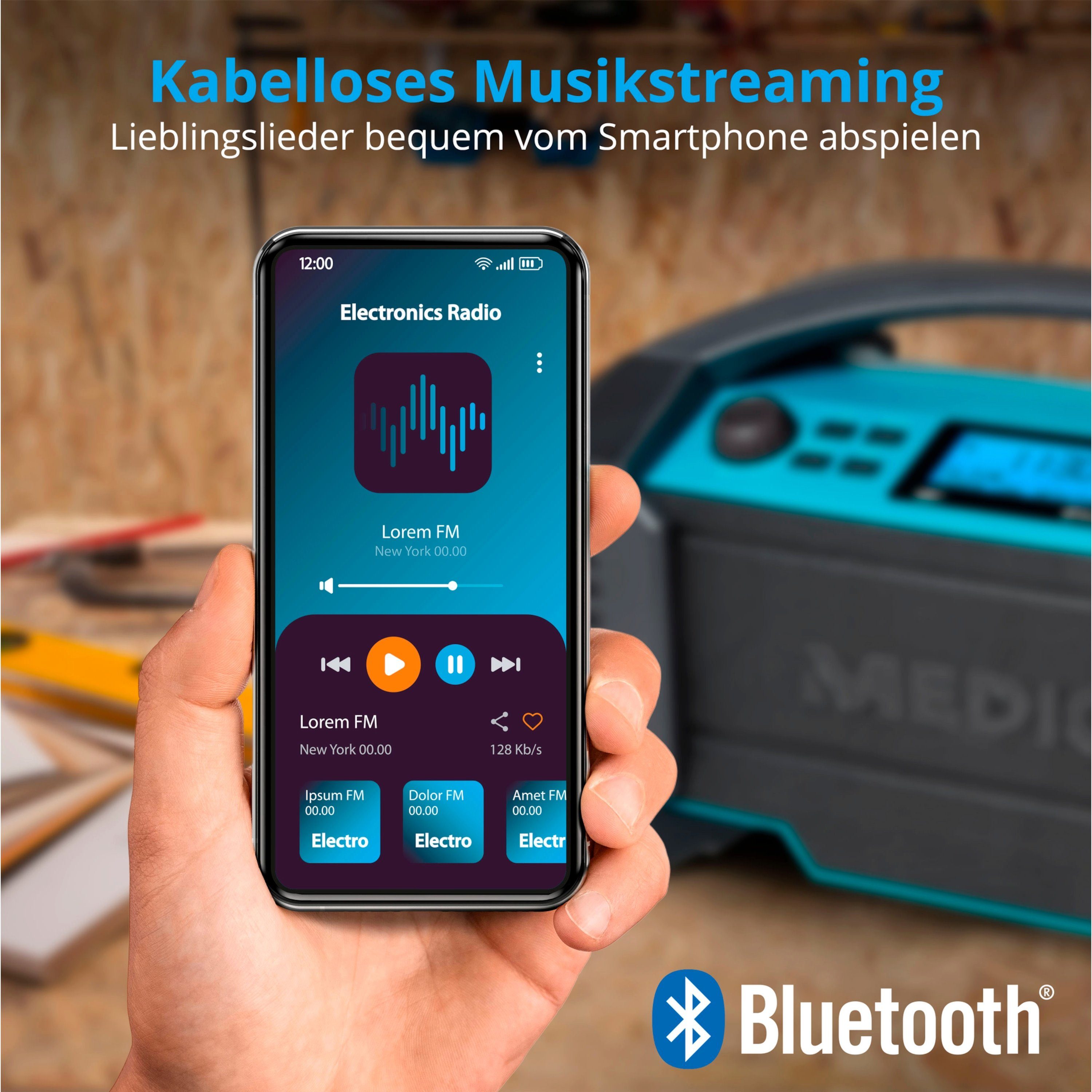 Medion® Baustellenradio MEDION® LIFE® E66050 (MD43320) Baustellenradio (AM/FM, DAB+, MW/UKW, 15 W, Ca. 15 Stunden Akkulaufzeit, IP54-Schutz, Bluetooth 5.0, LCD- – Bild 4 von 5