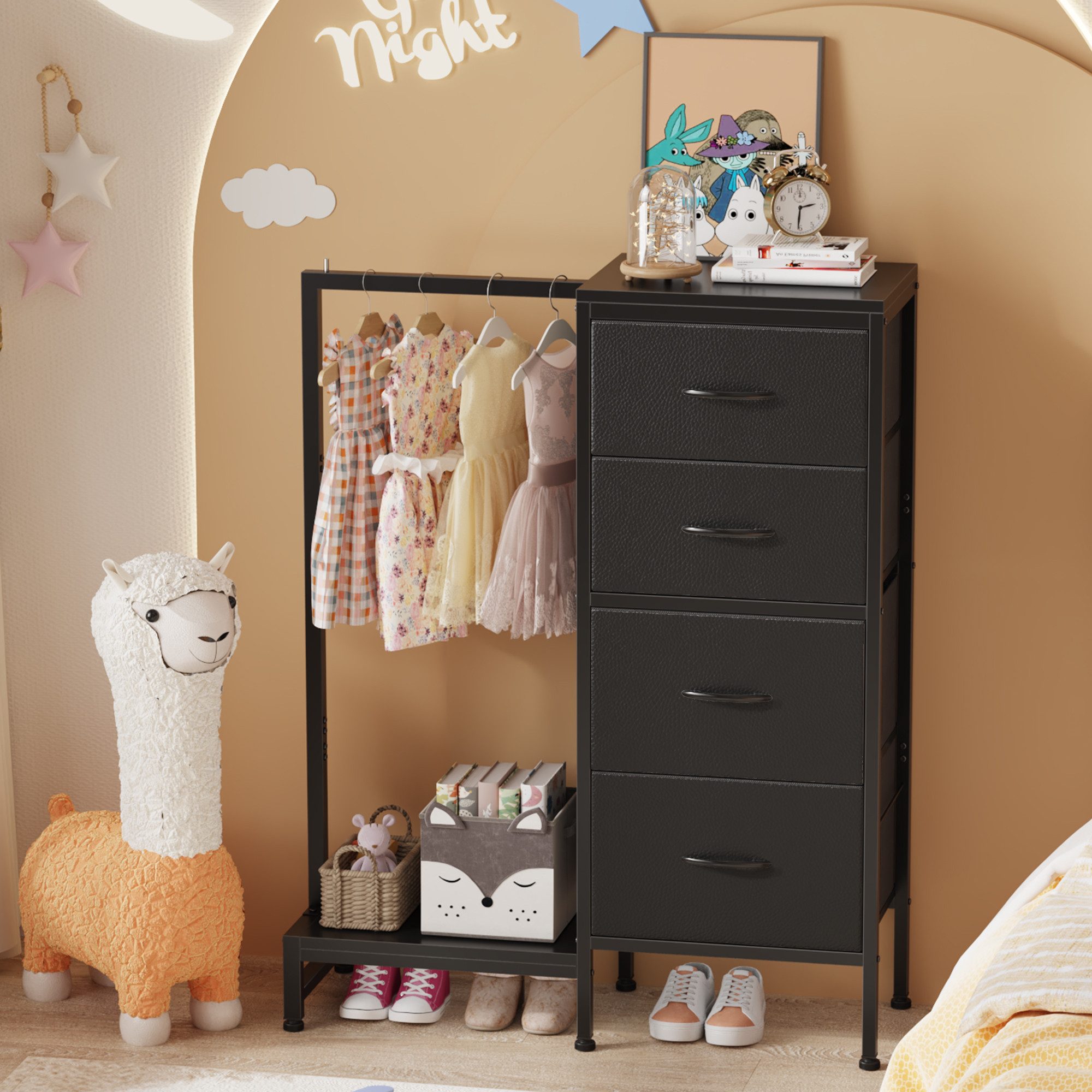 OYRREU Kinderkleiderschrank 3-in-1 Kommode mit Kleiderstange & Schuhregal, platzsparend (Schrank-Set mit 4 Stoffschubladen+ 1 Kleiderstange+ 1 Schuhregal) 3-in-1-Funktion (Kommode, Kleiderstange, Schuhablage), platzsparend
