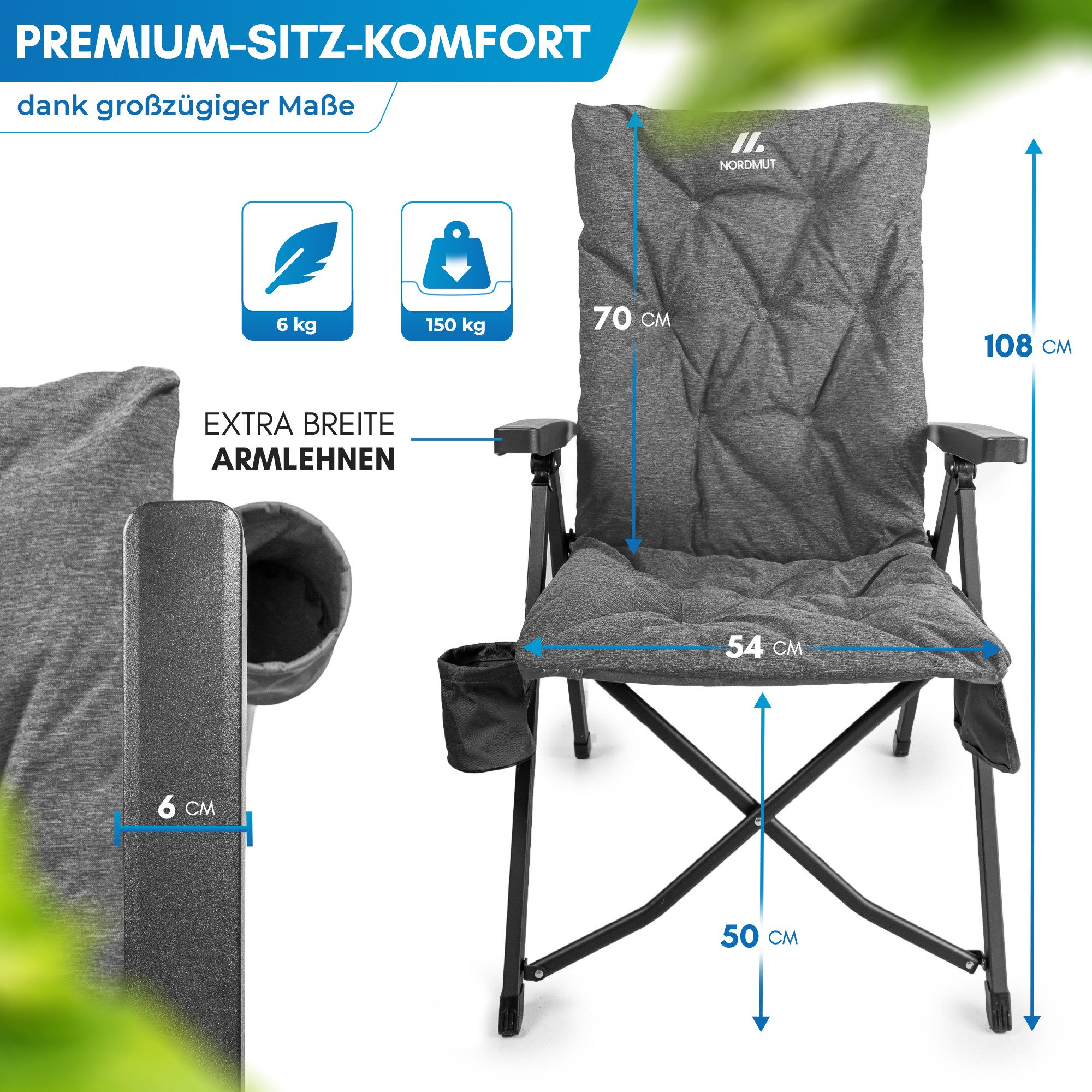 Nordmut Campingstuhl verstellbare Rückenlehne 4-fach, gepolstert, kompakt, Sitzen & Liegen (Spar-Set, 1 St), hohe Lehne, klappbar, 140kg belastbar, ergonomische Sitzform, Armlehne