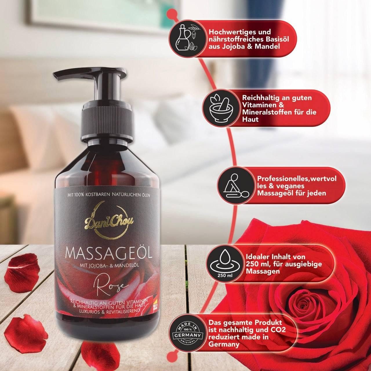 DaniChou Massageöl Rose 250ml – Made in Germany – Mit wertvollem Jojobaöl & Mandelöl – Perfekt für Massage, Wellness & Hautpflege – Pflegendes, Öl zum sanften Massieren & Verwöhnen der Haut
