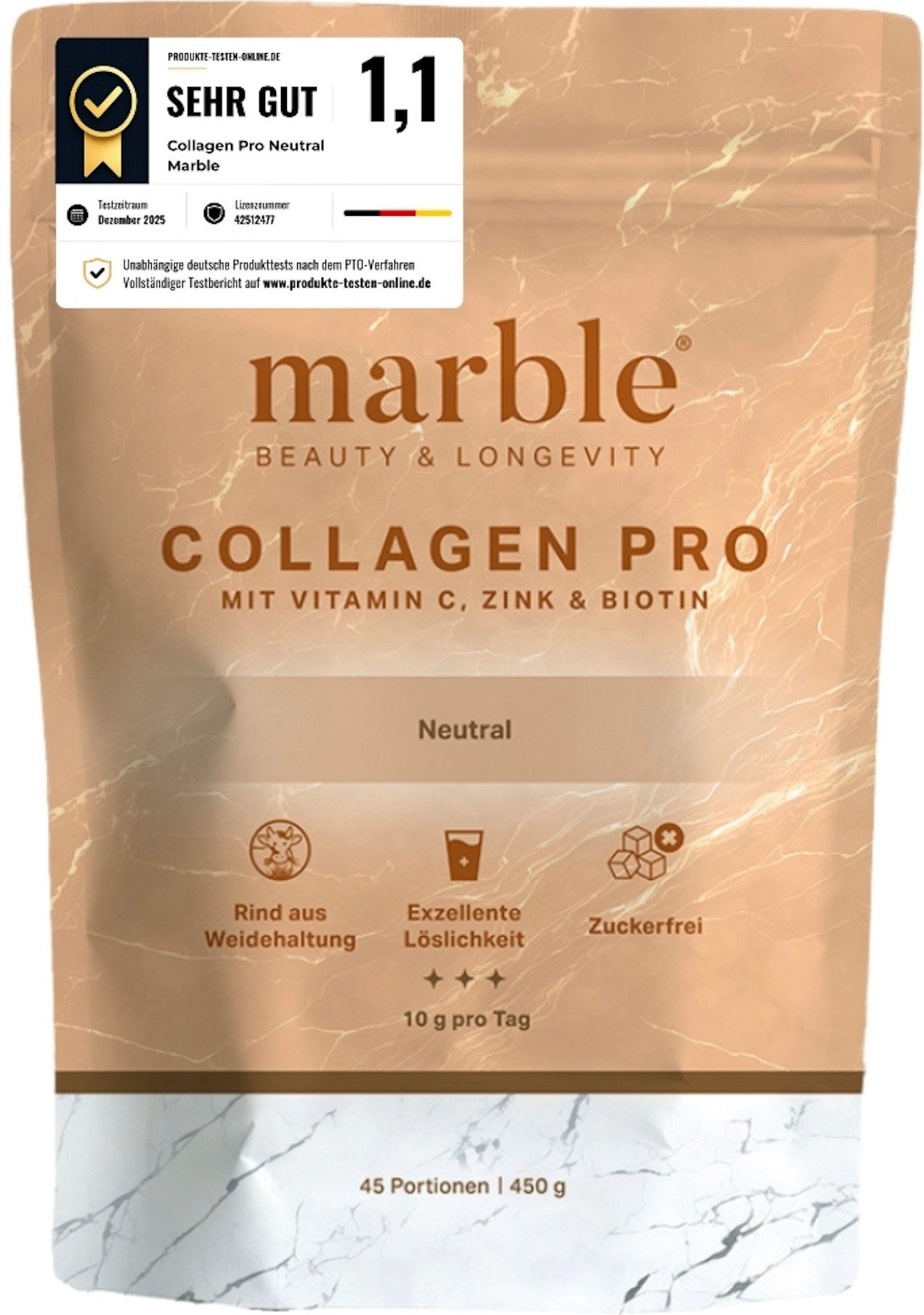 Marble Kollagen Pro 450 g – Neutral mit Vitamin C, Zink & Biotin - marble® Pulver, 1 er Packung à 1 St., 450 g