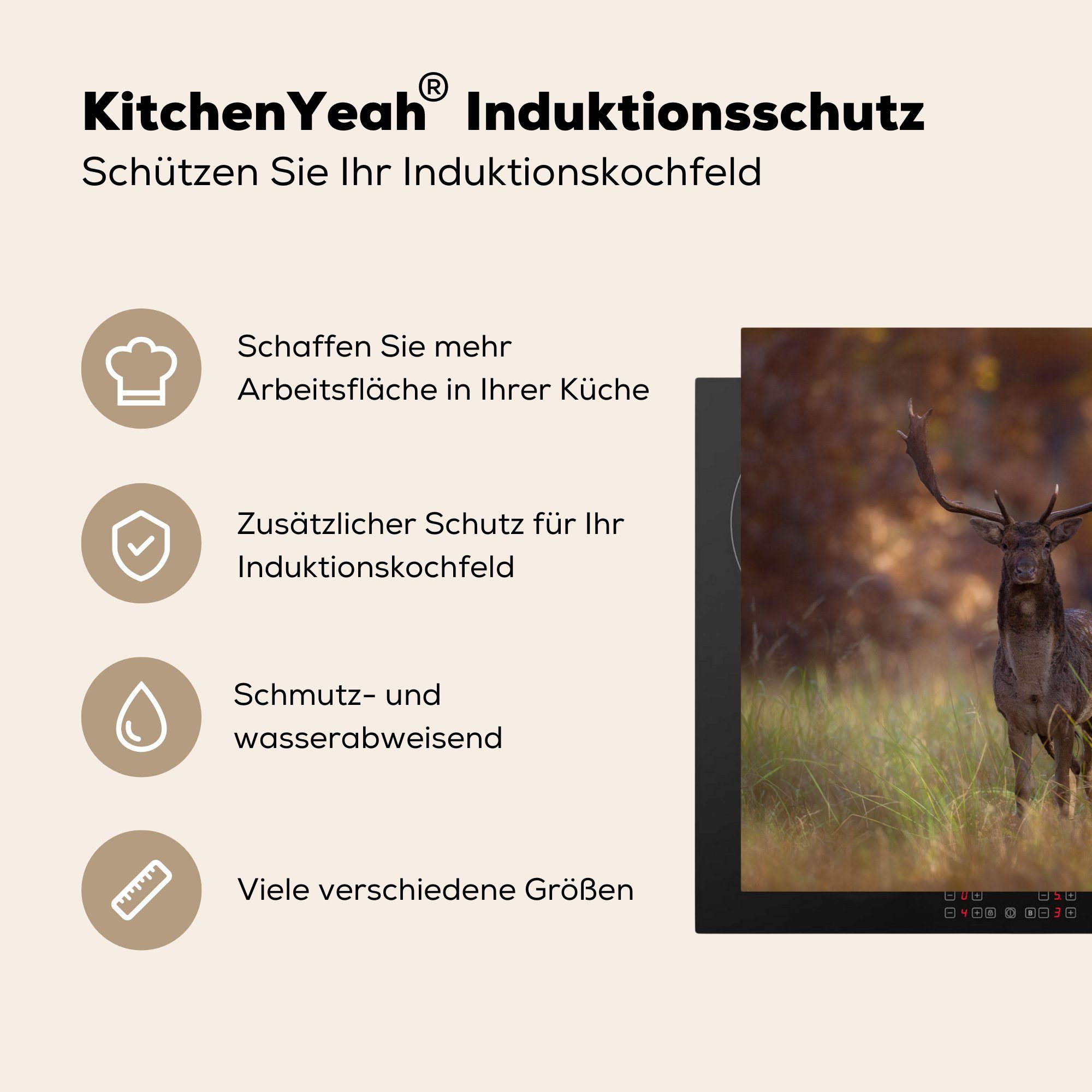 MuchoWow Herdblende-/Abdeckplatte Hirsche - Gras küche, - Ceranfeldabdeckung Vinyl, Herbst, 81x52 (1 Induktionskochfeld für Schutz cm, tlg), die