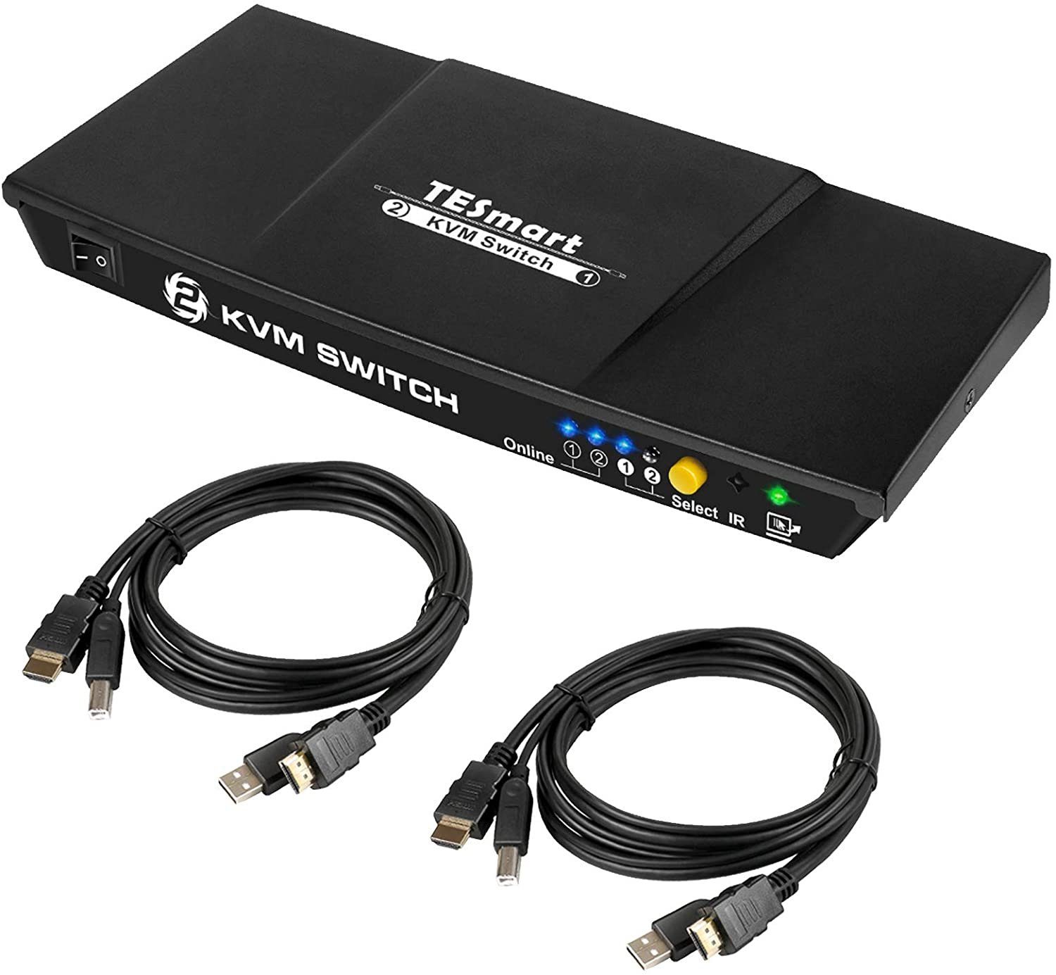 TESmart HDMI KVM Switch 4K Ultra HD 3840x2160@30Hz, 2x1 KVM Umschalter 2 PC  1 Monitor mit 2x1,5m KVM-Kabel Unterstützt USB 2.0-Geräte Steuert bis zu 2  Computer/Server/DVR-HKS0201A20 Computer-Adapter