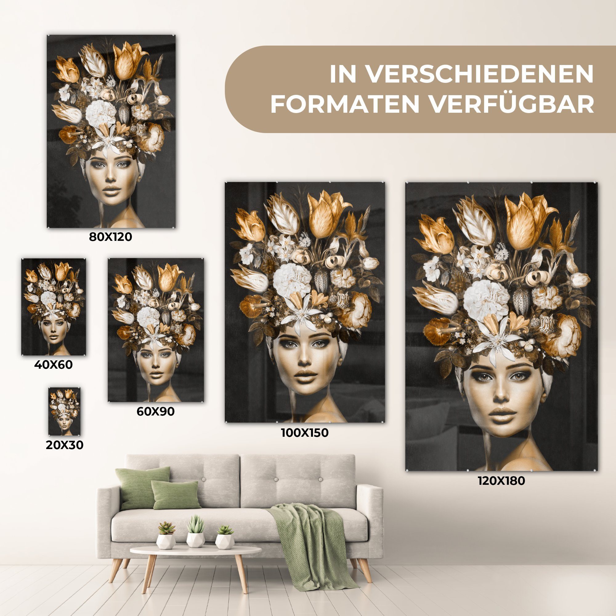 - - St), Glas Gold, Wanddekoration - MuchoWow Bilder - - auf Blumen Acrylglasbild Wandbild Glas Glasbilder auf (1 Frau Foto