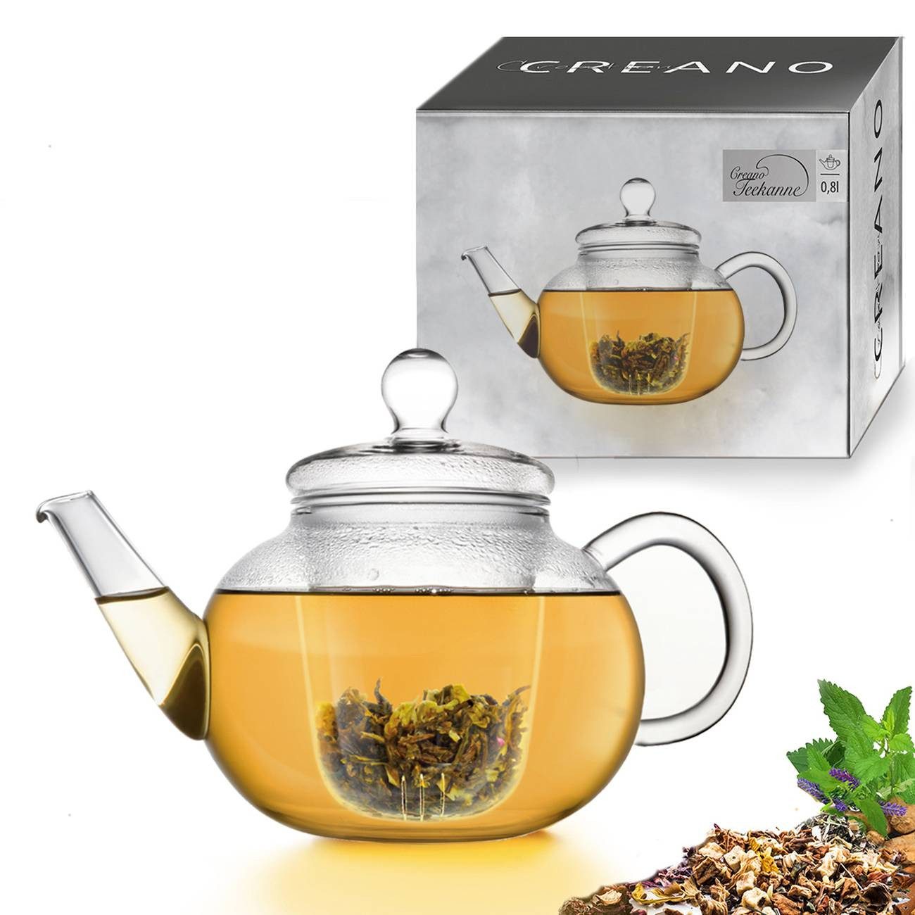 Creano Teekanne Teekanne 0,8 Liter mit Glassieb und Glasdeckel, 0.8 l, (1-er Set), 1x Glasteekanne mit Glassieb
