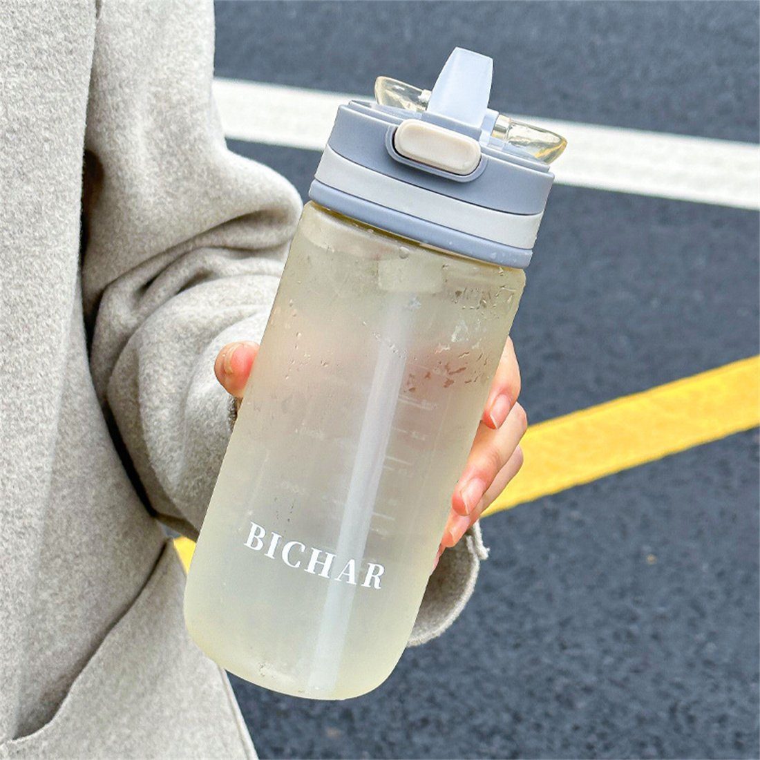 Weiß Trinkflasche DÖRÖY mit Sportwasserflasche Strohhalmbecher 650ml Becher, Tragbarer Skala,