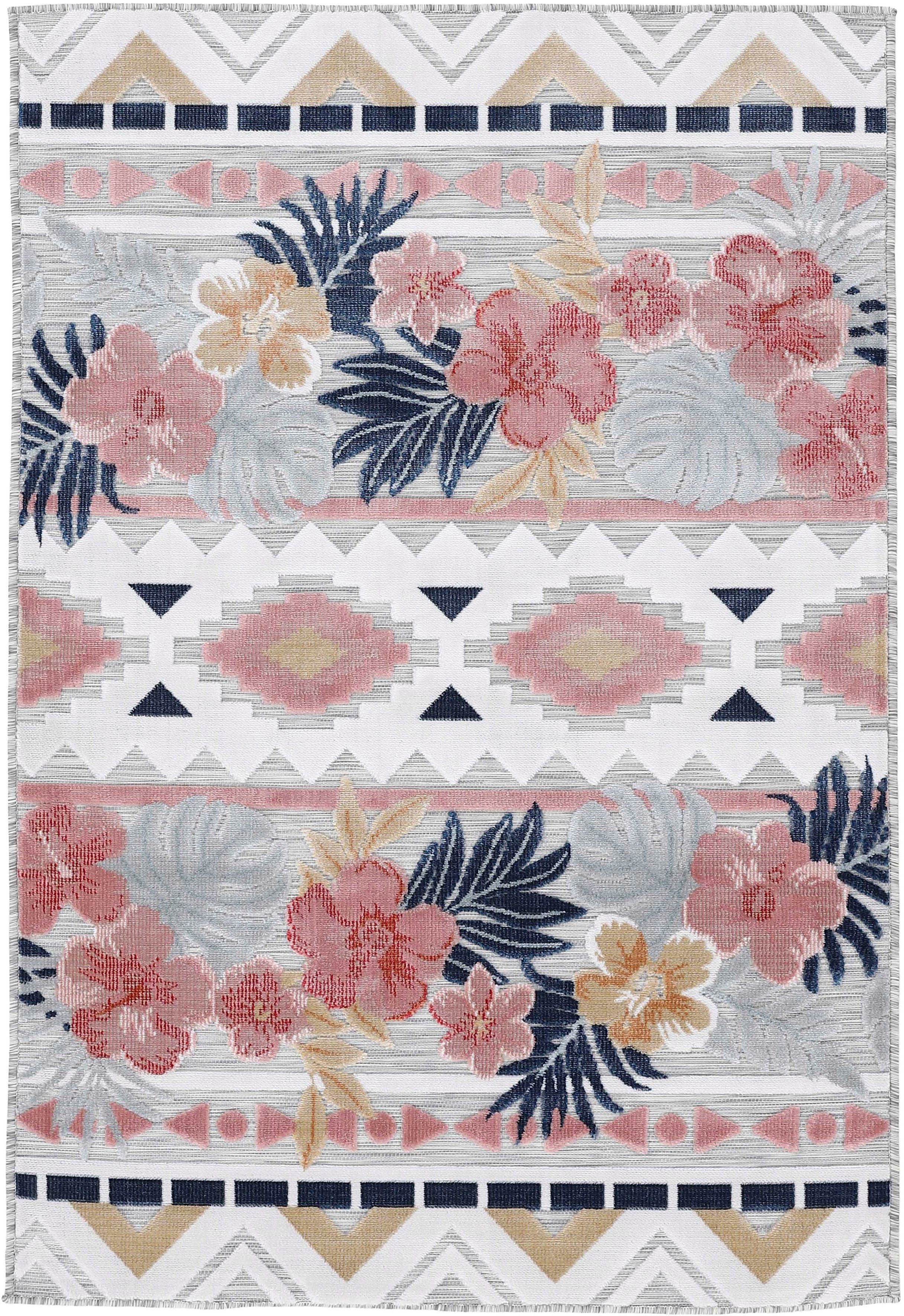 Teppich Deja 101, carpetfine, rechteckig, Höhe: 4 mm, robustes Flachgewebe,  Motiv- Floral Palmenblätter, Hoch-Tief Effekt