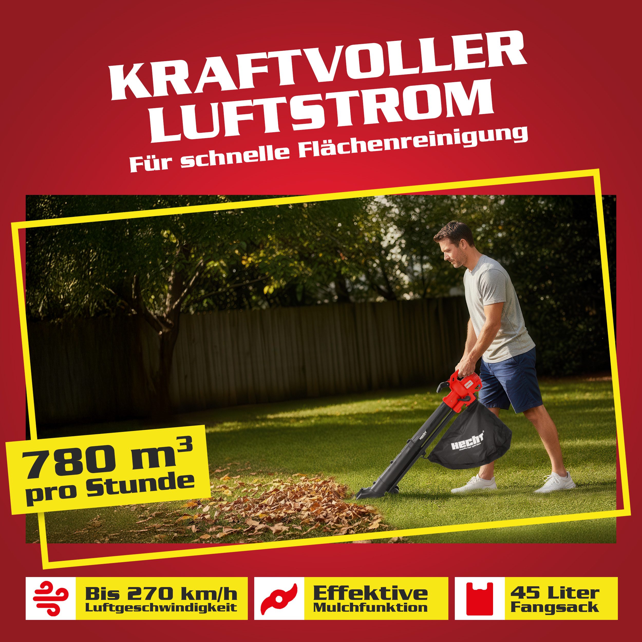 Hecht Elektro-Laubbläser 3in1 Laubbläser 3300W 45 Liter Fangkorb 3,2 kg, 10:1 Mulchfunktion, mit Tragegurt – Bild 3 von 5