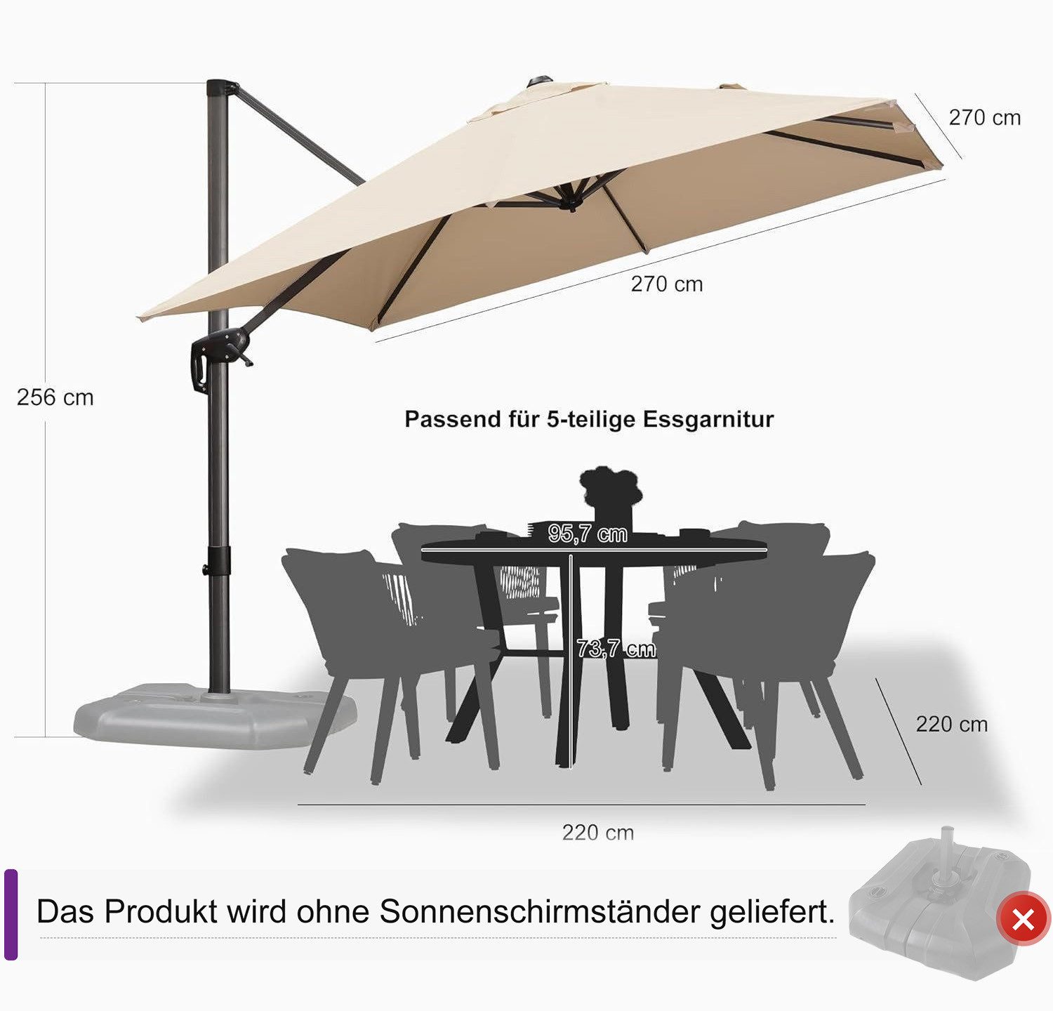 Thumbnail - PURPLE LEAF Ampelschirm Quadratischer Terrassenschirm, Alu Balkonschirm, Groß Sonnenschirm, LxB: 270,00x270,00 cm, für G...