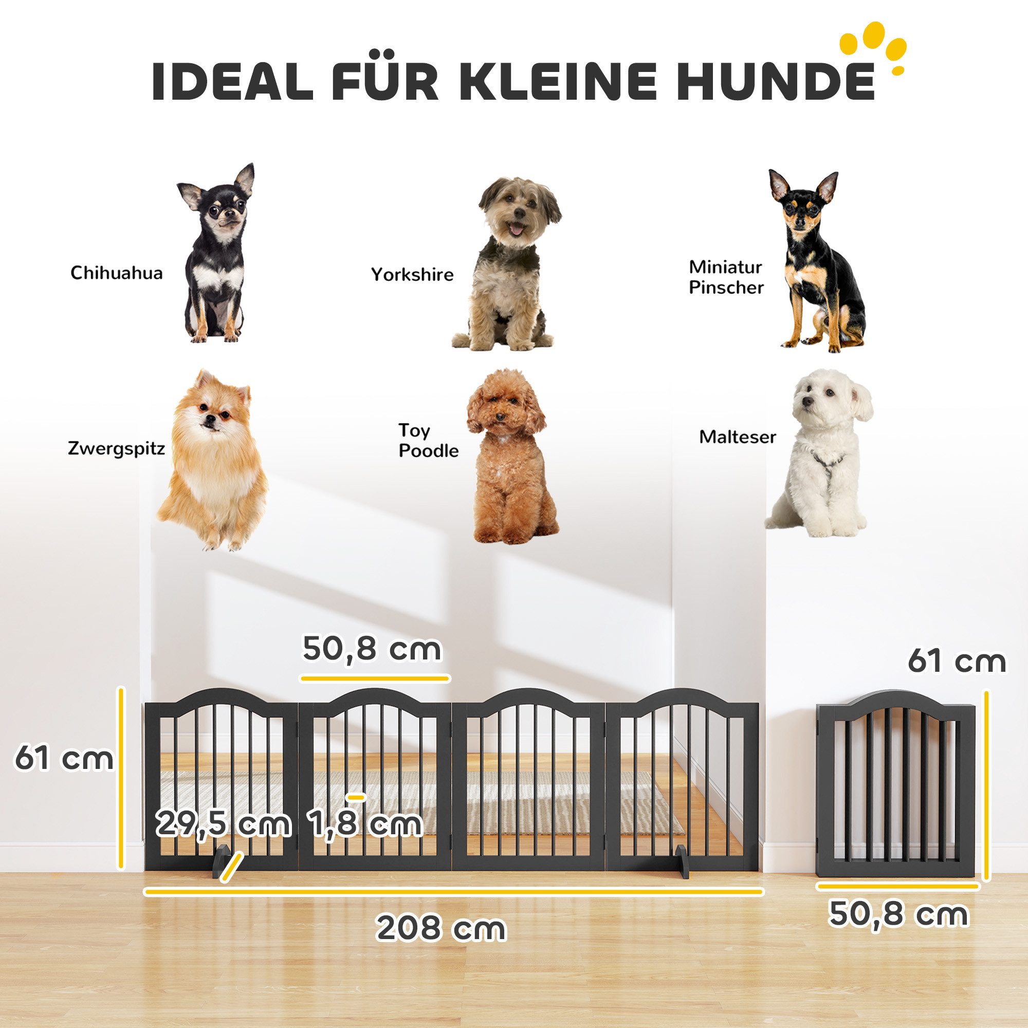 PawHut Hundegitter mit Füßen (Klappbar Absperrgitter, 1 St., Freistehendes Schutzgitter), für Treppen, Türen, Küche, Flur, 4 Paneelen, Schwarz