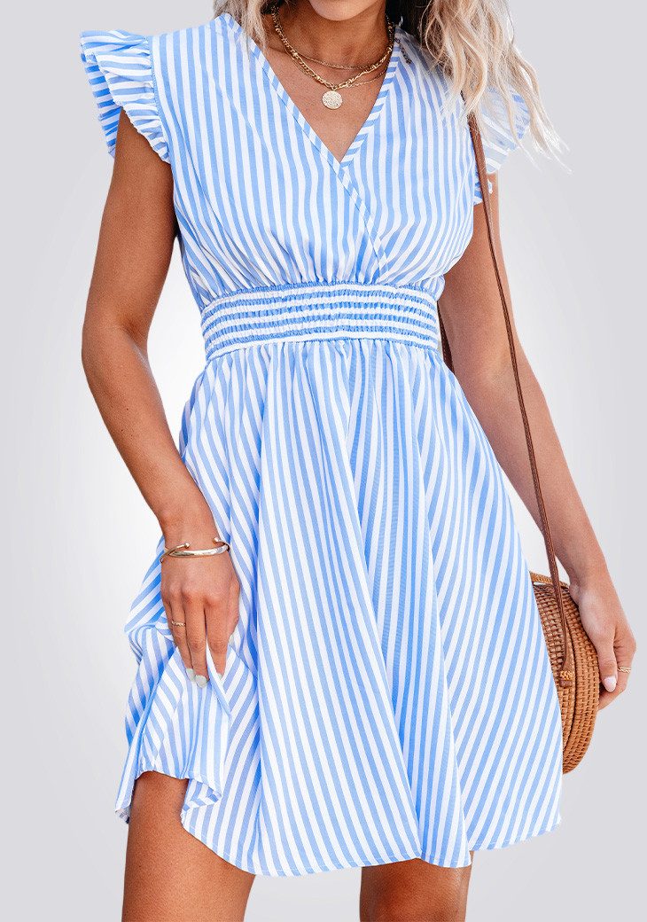 Cupshe Shirtkleid Blau-weißes Streifenkleid mit Raff-Taille & Volants