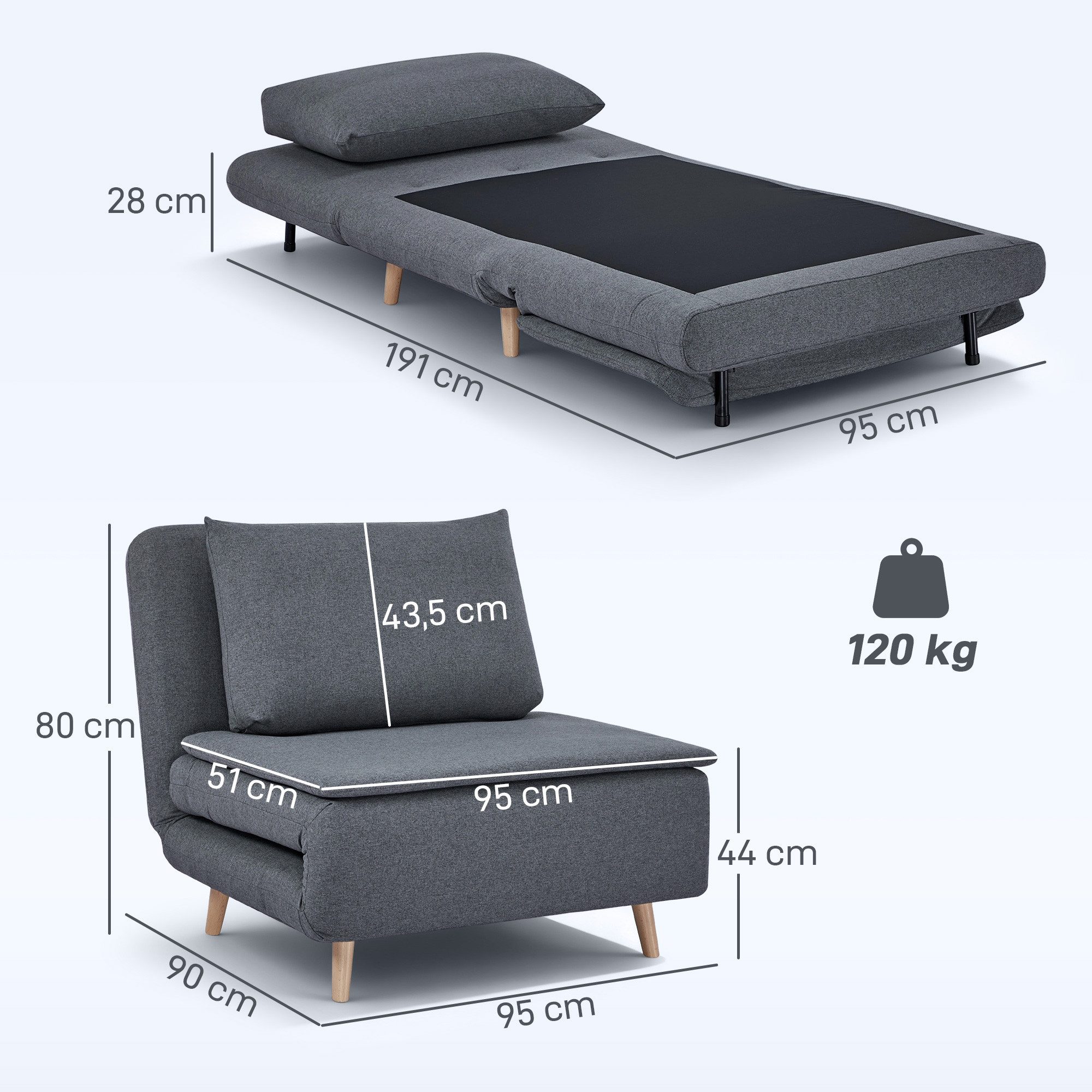 HOMCOM Sessel mit Bett-Funktion, Liegesessel, verstellbare Rückenlehne, Kissen (Relaxsessel, 1-St., Klappsessel), für Wohnzimmer, Schlafzimmer, Grau