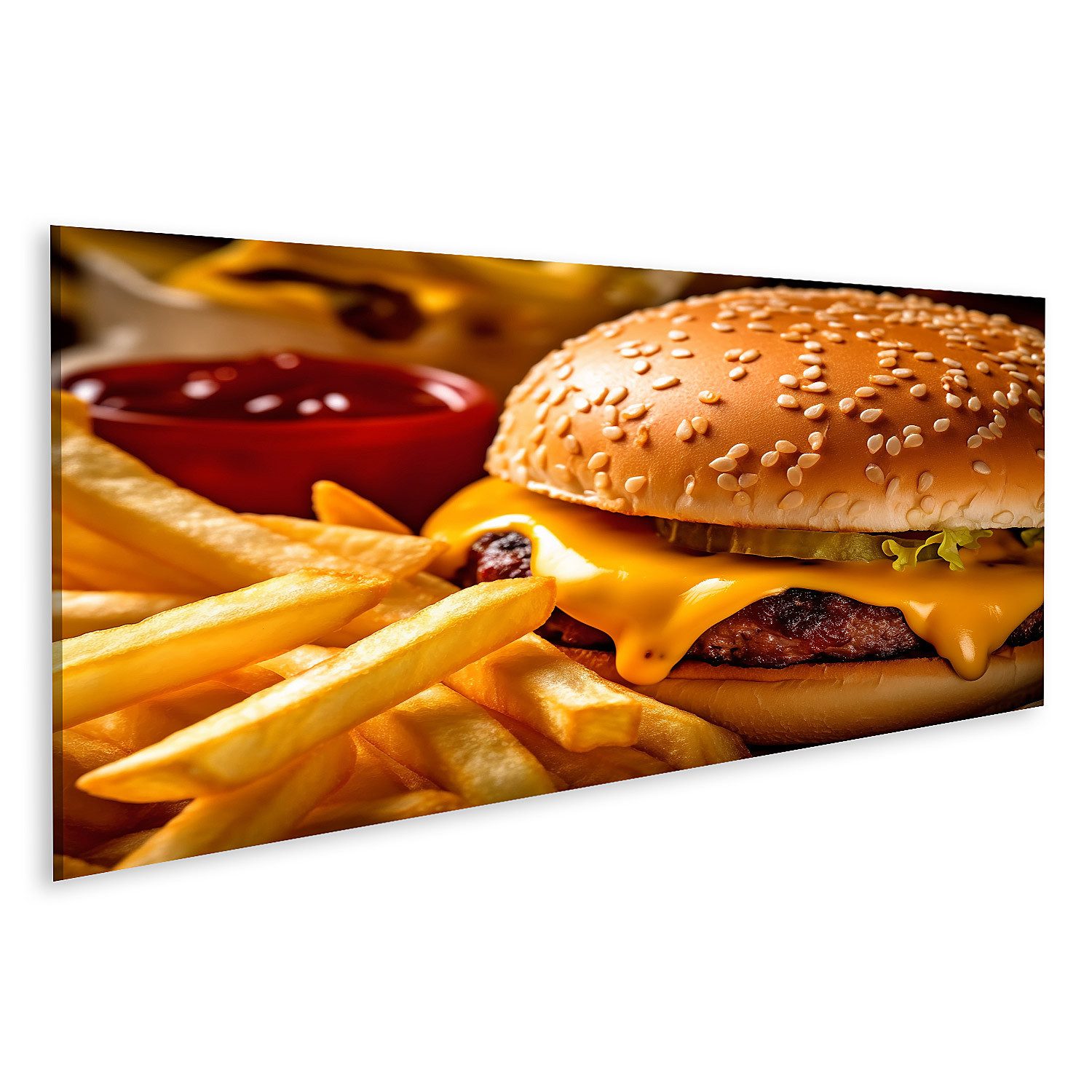 Leinwandbild Frisches Fast Food: Hamburger Pommes Frites Bilder